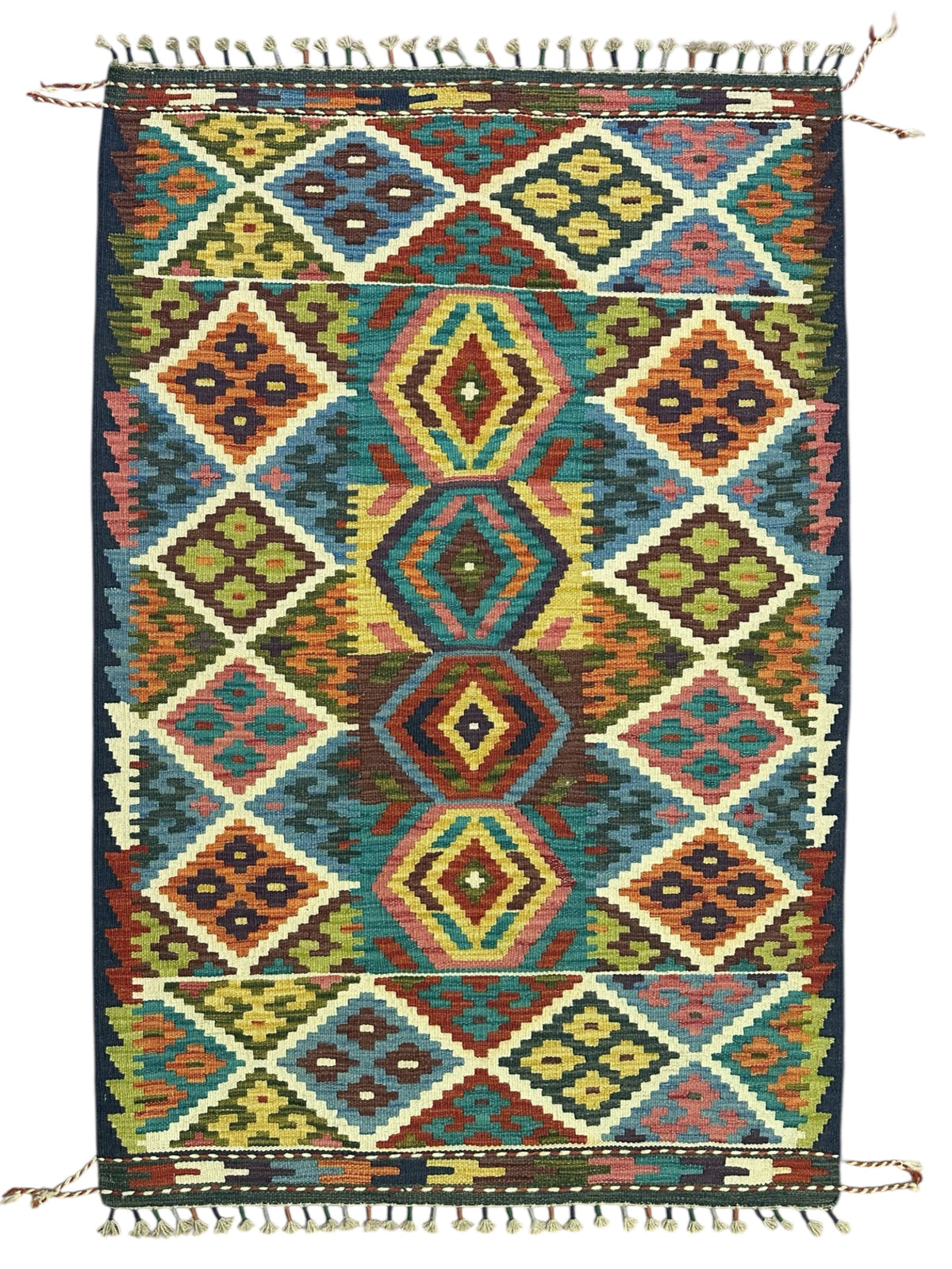 Afghan Kilim Rug 3x5, Teal, Olive Green & Navy, Diamond Medallion Wool Flatweave