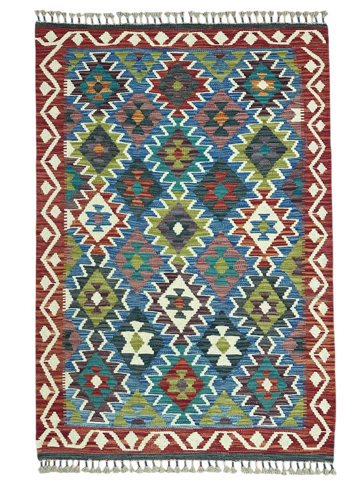 Afghan Kilim Rug 4x5, Blue, Red & Olive Green, Hand-Woven Wool Flatweave