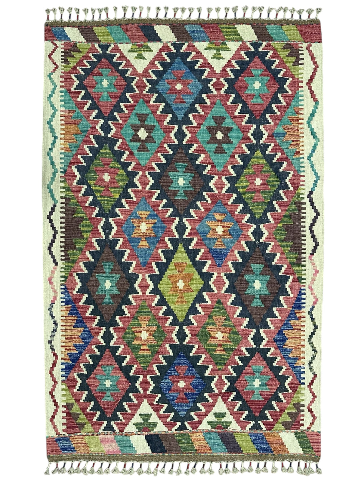 Afghan Kilim Rug 3x5, Navy, Pink & Teal, Hand-Woven Wool Flatweave