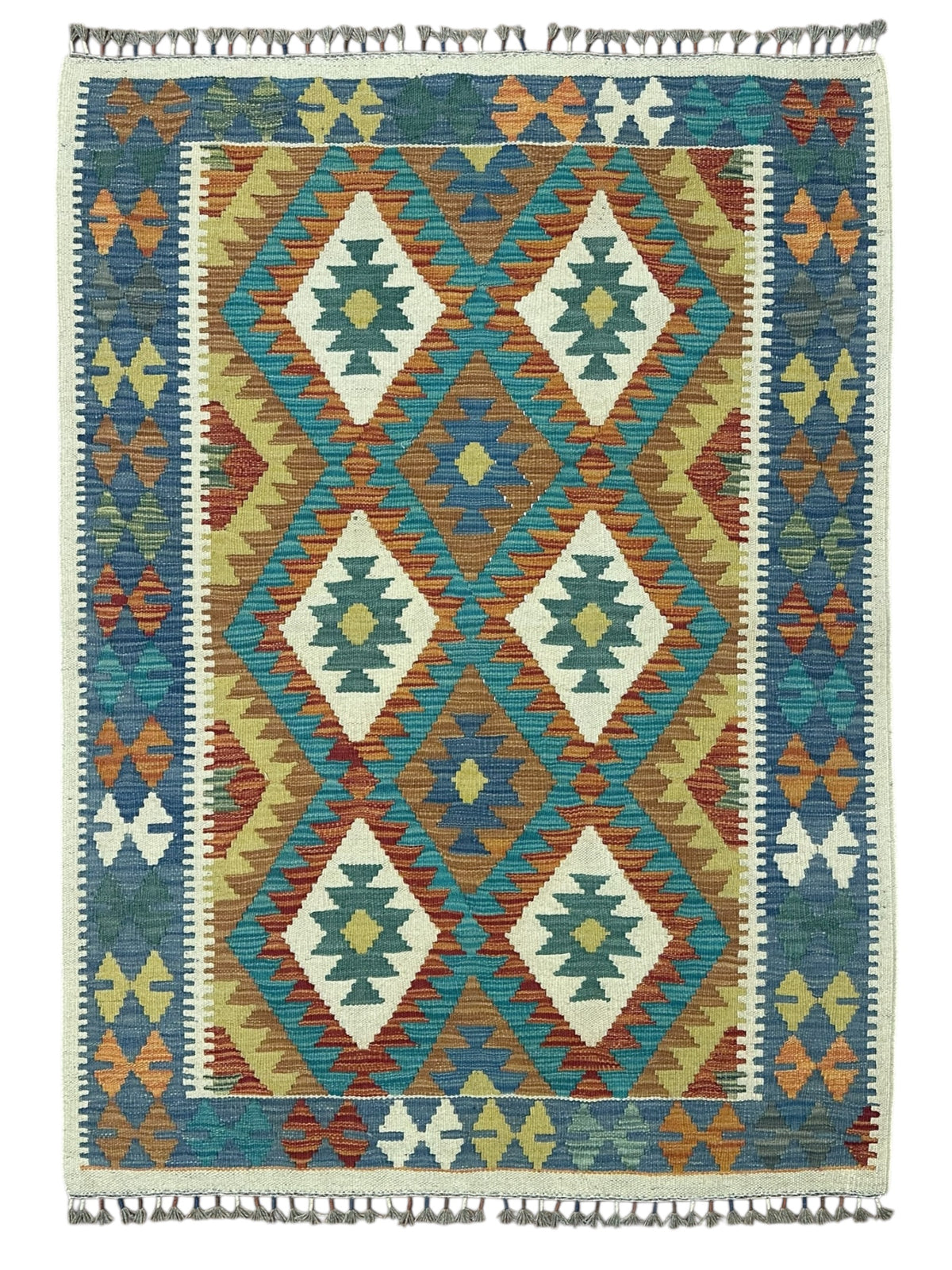 Afghan Kilim Rug 3x5, Teal, Rust & Gold, Hand-Woven Wool Flatweave