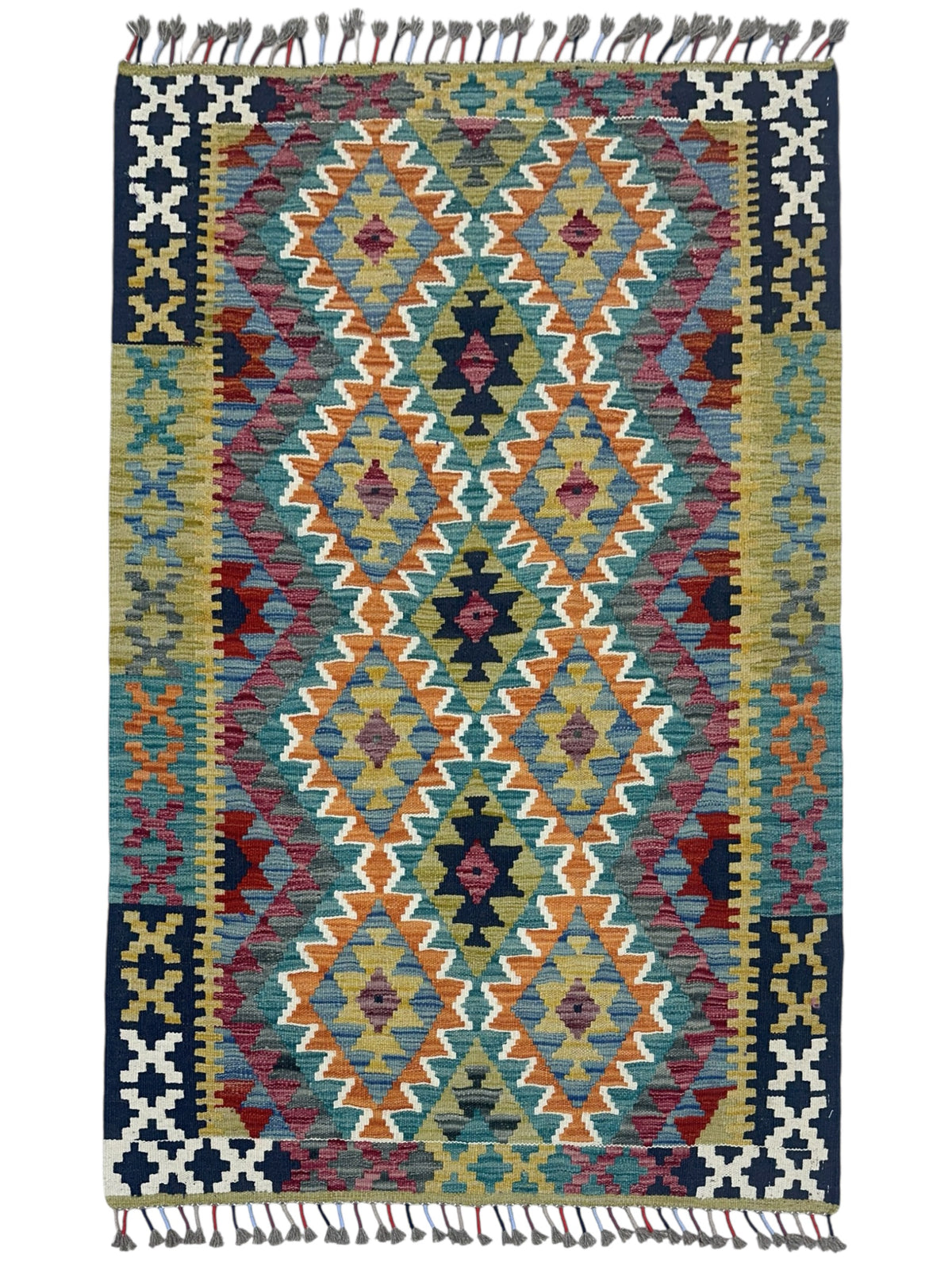 Afghan Kilim Rug 3x5, Olive Green, Orange & Navy, Hand-Woven Wool Flatweave