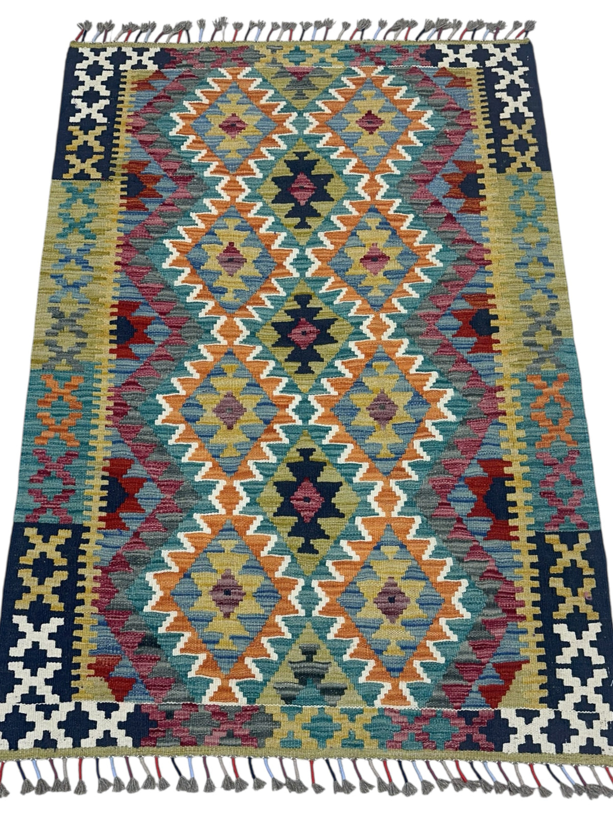 Afghan Kilim Rug 3x5, Olive Green, Orange & Navy, Hand-Woven Wool Flatweave, view 2
