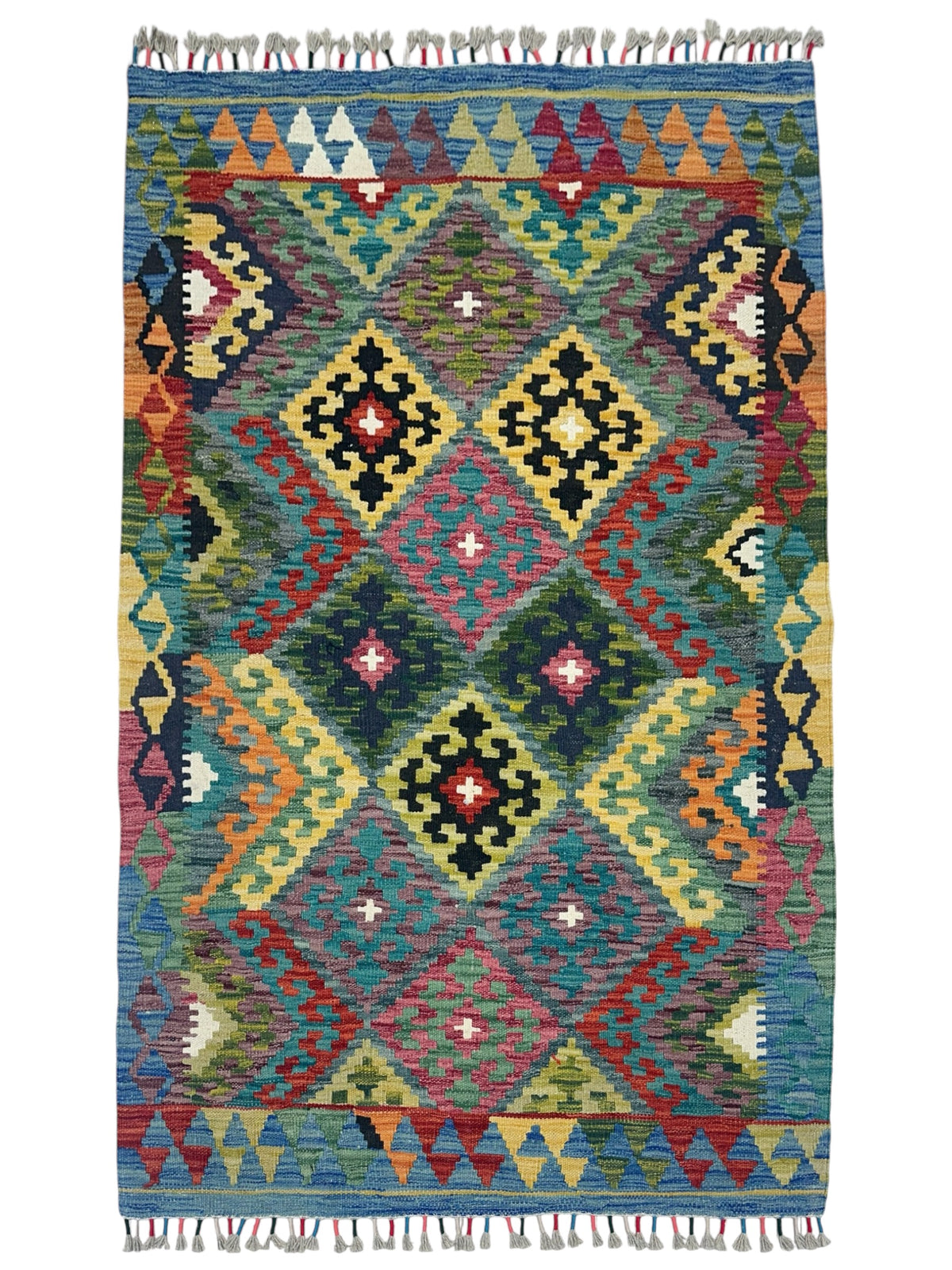 Afghan Kilim Rug 4x5, Green, Teal & Pink, Hand-Woven Wool Flatweave