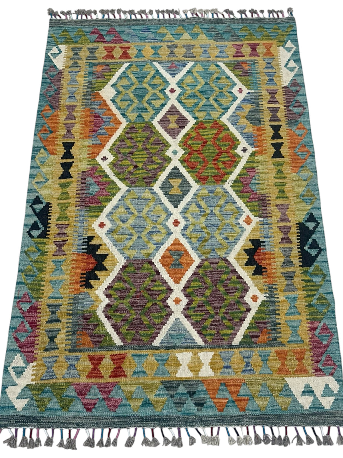 Afghan Kilim Rug 3x5, Teal, Olive Green & Ivory, Diamond Lattice Wool Flatweave, view 2