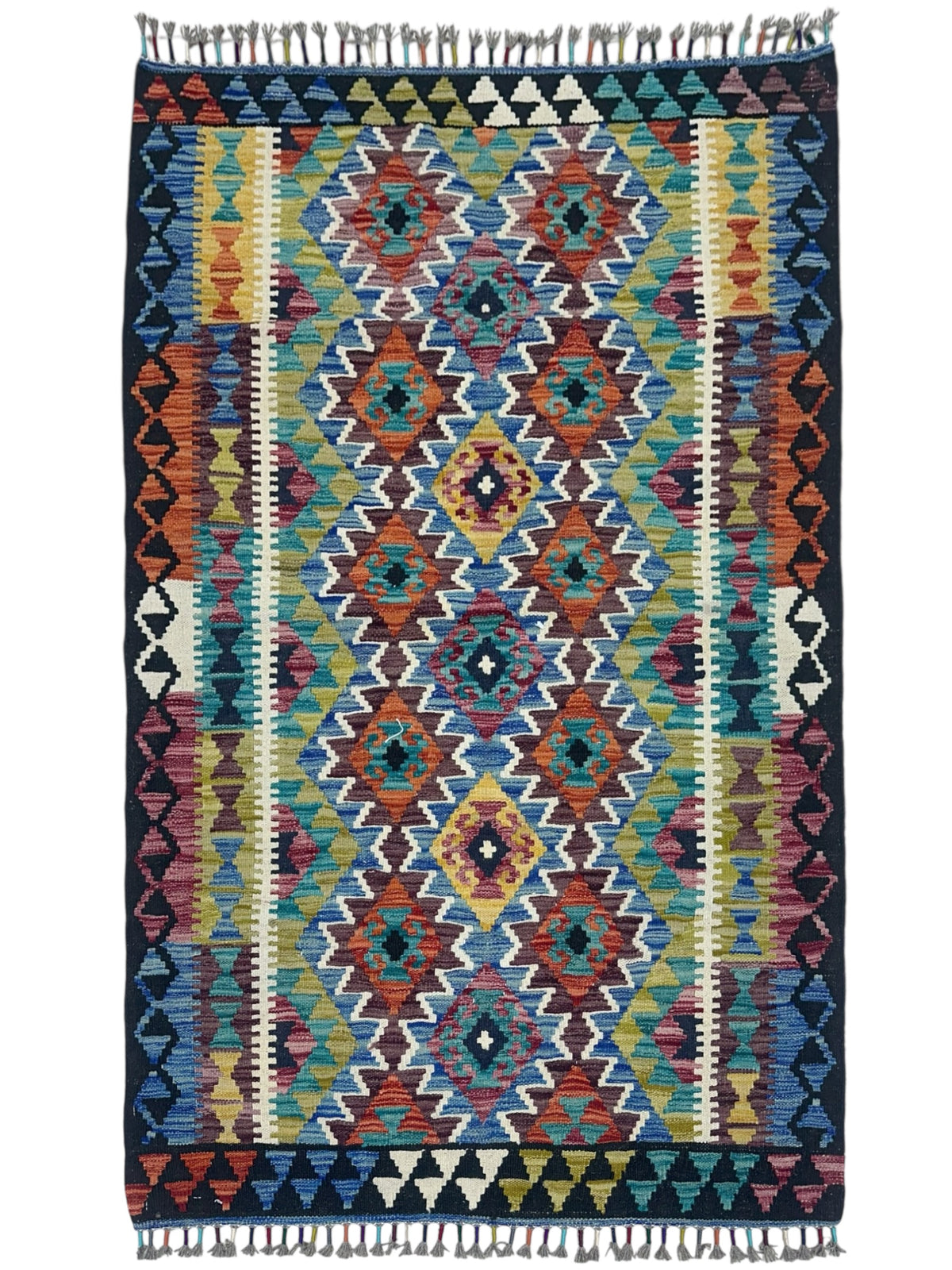 Afghan Kilim Rug 3x5, Navy, Rust & Blue, Hand-Woven Wool Flatweave