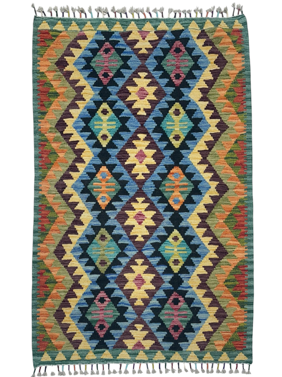 Afghan Kilim Rug 3x5, Green, Navy & Blue, Hand-Woven Wool Flatweave