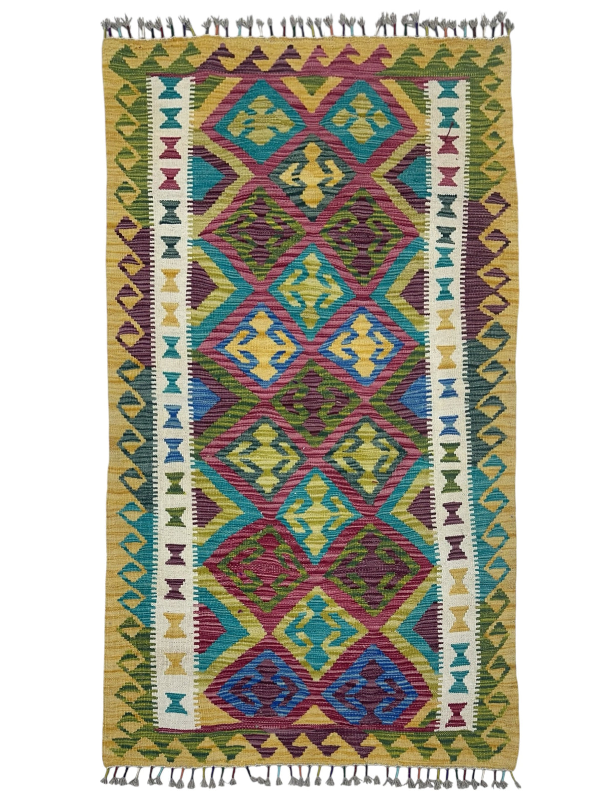 Afghan Kilim Rug 3x5, Gold, Red & Teal, Hand-Woven Wool Flatweave