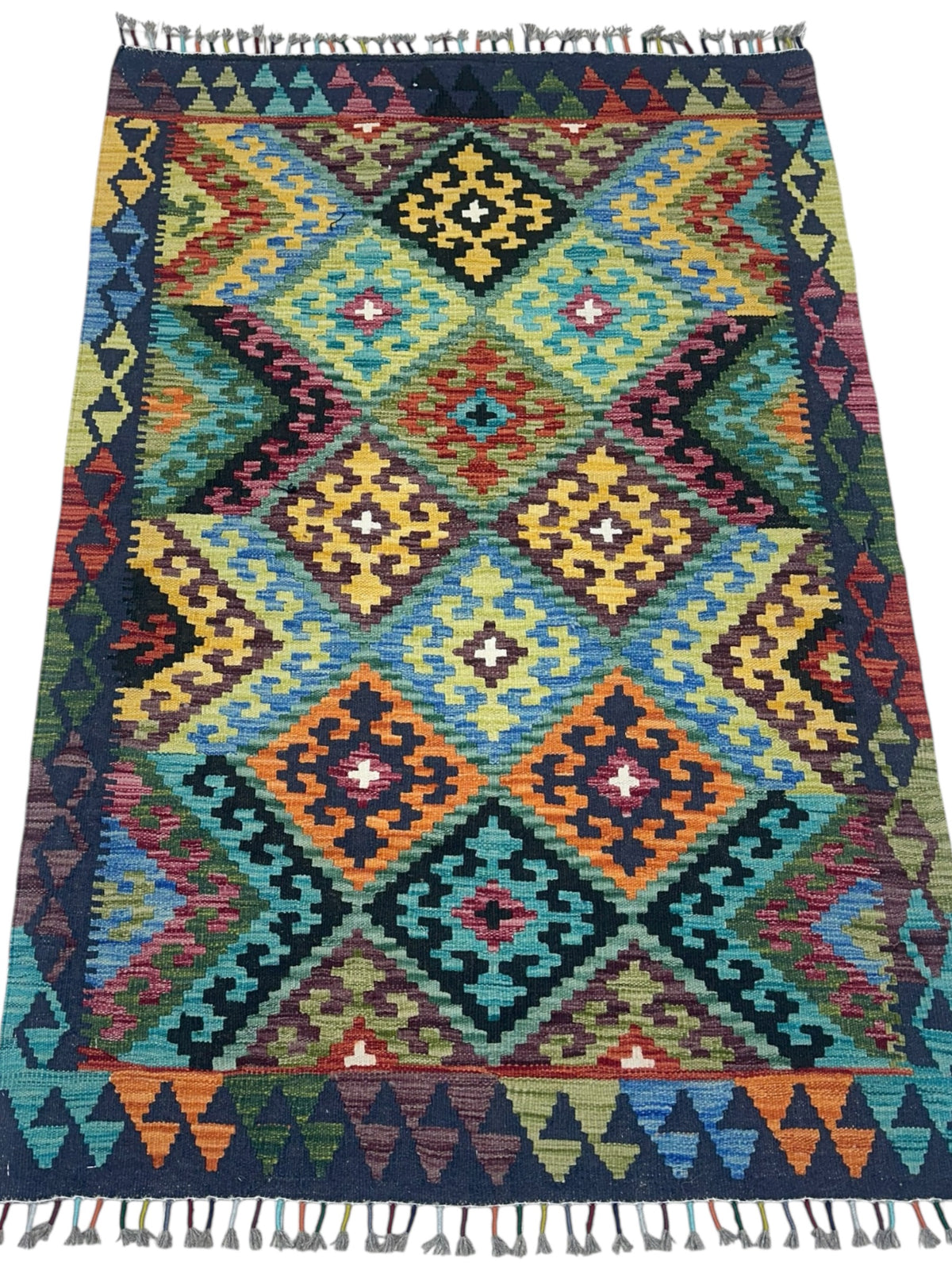 Afghan Kilim Rug 3x5, Teal, Gold & Green, Hand-Woven Wool Flatweave, view 2