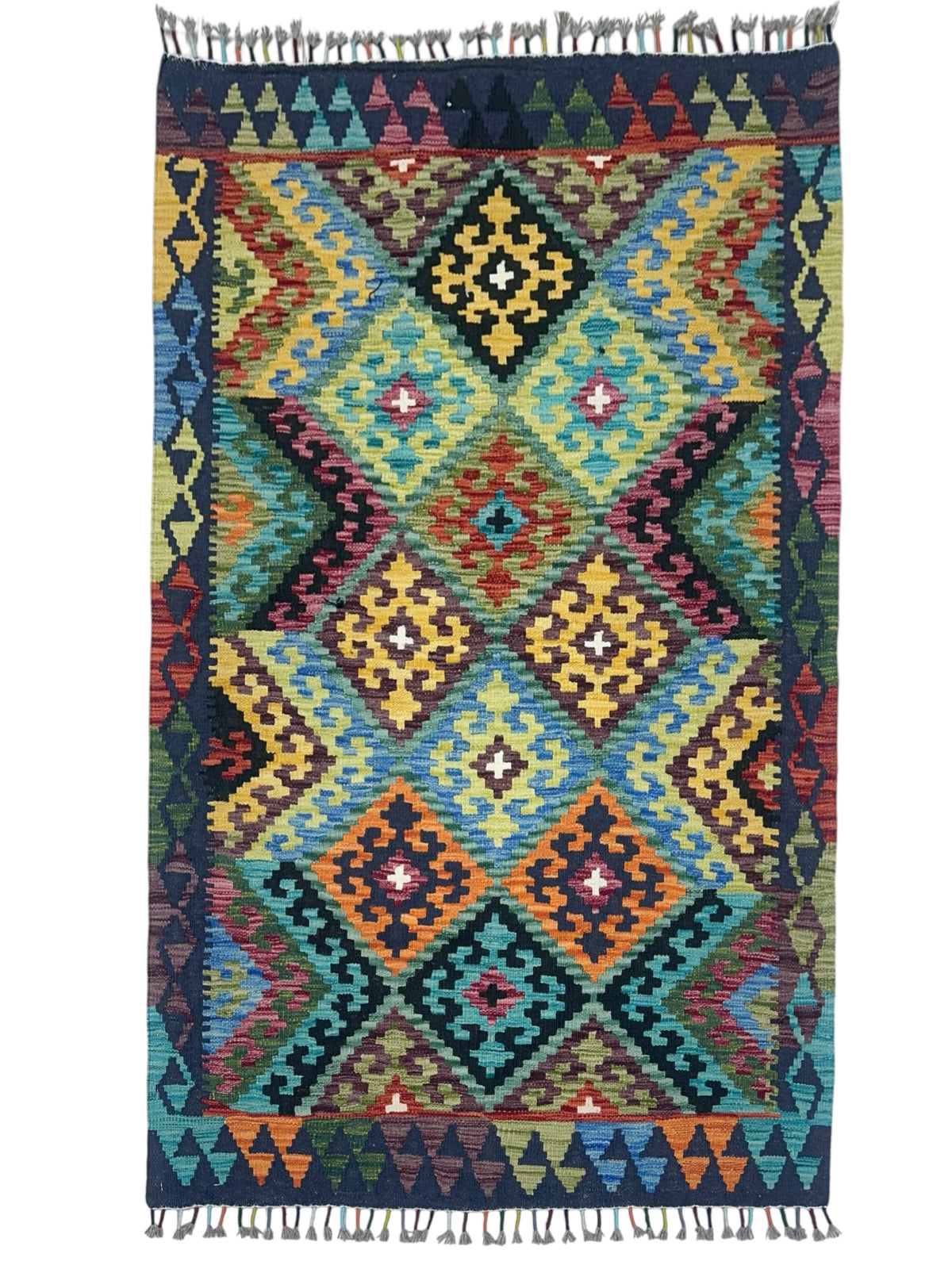 Afghan Kilim Rug 3x5, Teal, Gold & Green, Hand-Woven Wool Flatweave