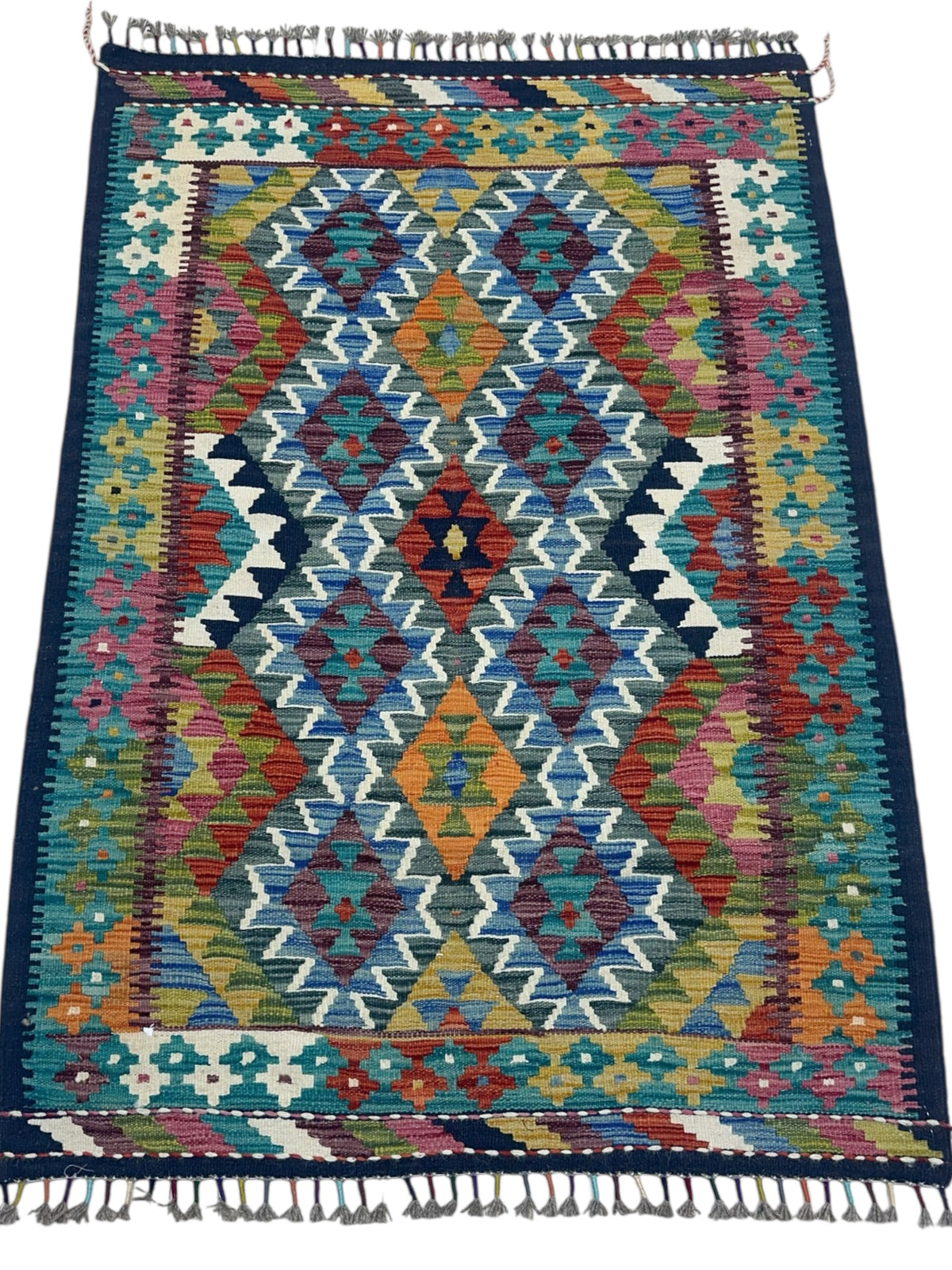 Afghan Kilim Rug 3x5, Blue, Olive Green & Navy, Hand-Woven Wool Flatweave