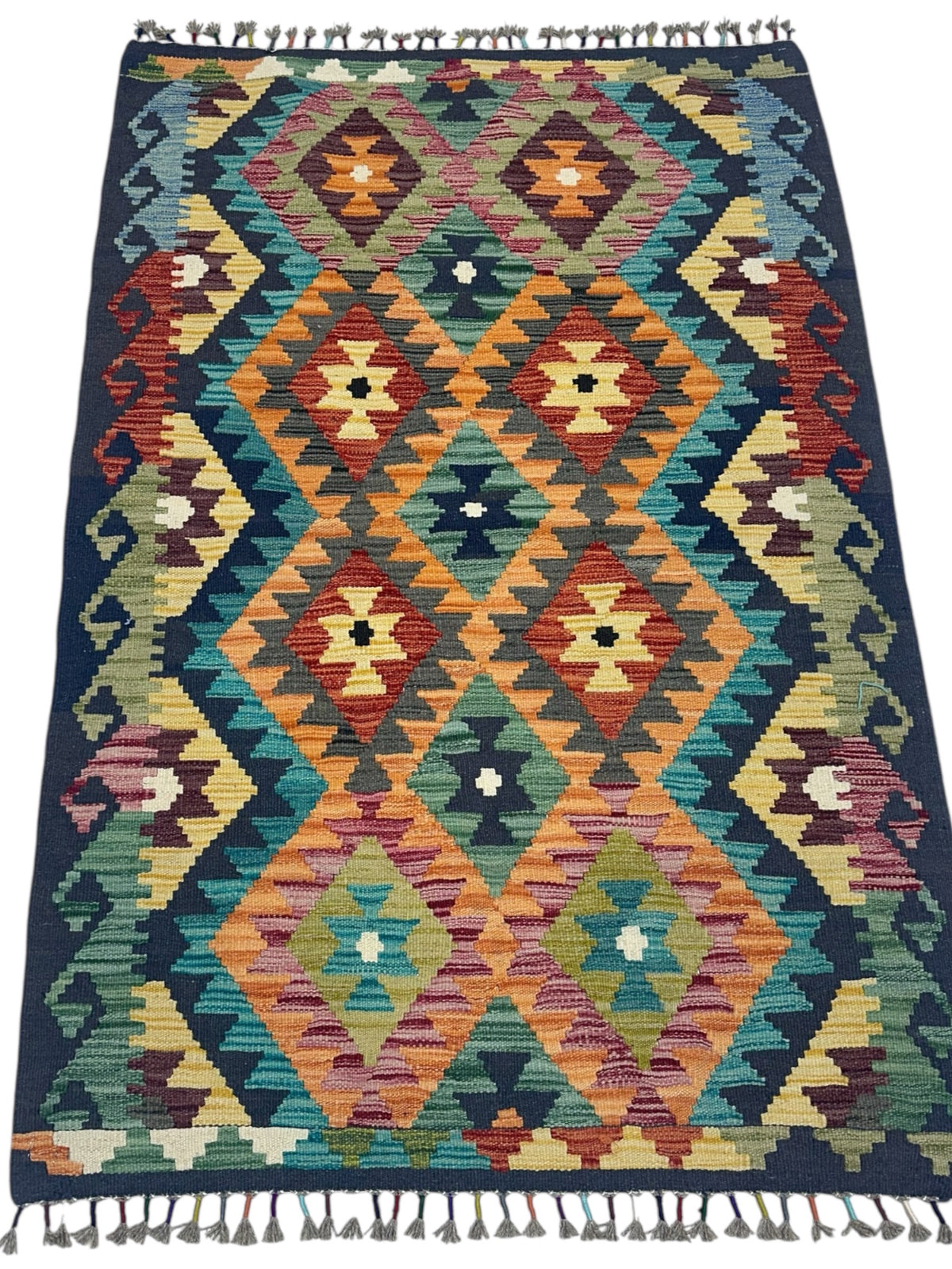 Afghan Kilim Rug 3x5, Orange, Navy & Teal, Hand-Woven Wool Flatweave, view 2