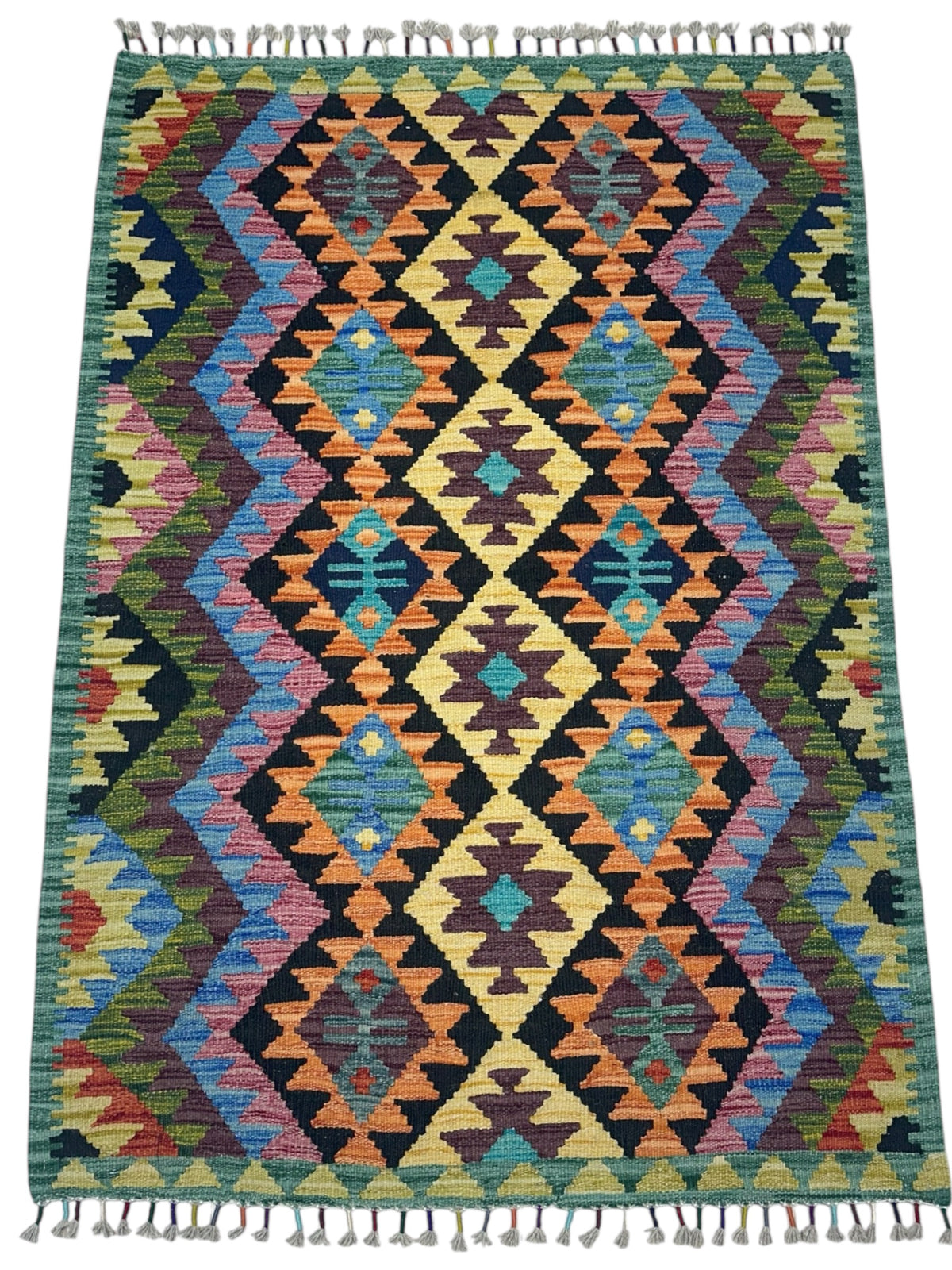 Afghan Kilim Rug 3x5, Black, Gold & Orange, Hand-Woven Wool Flatweave, view 2