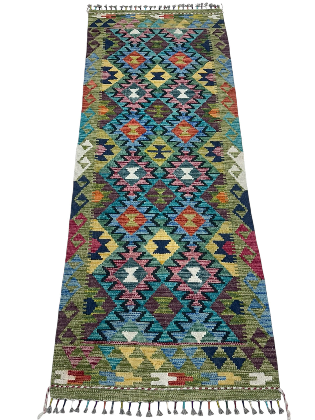 Afghan Kilim Runner 3x6, Teal, Gold & Navy, Hand-Woven Wool Flatweave, view 2