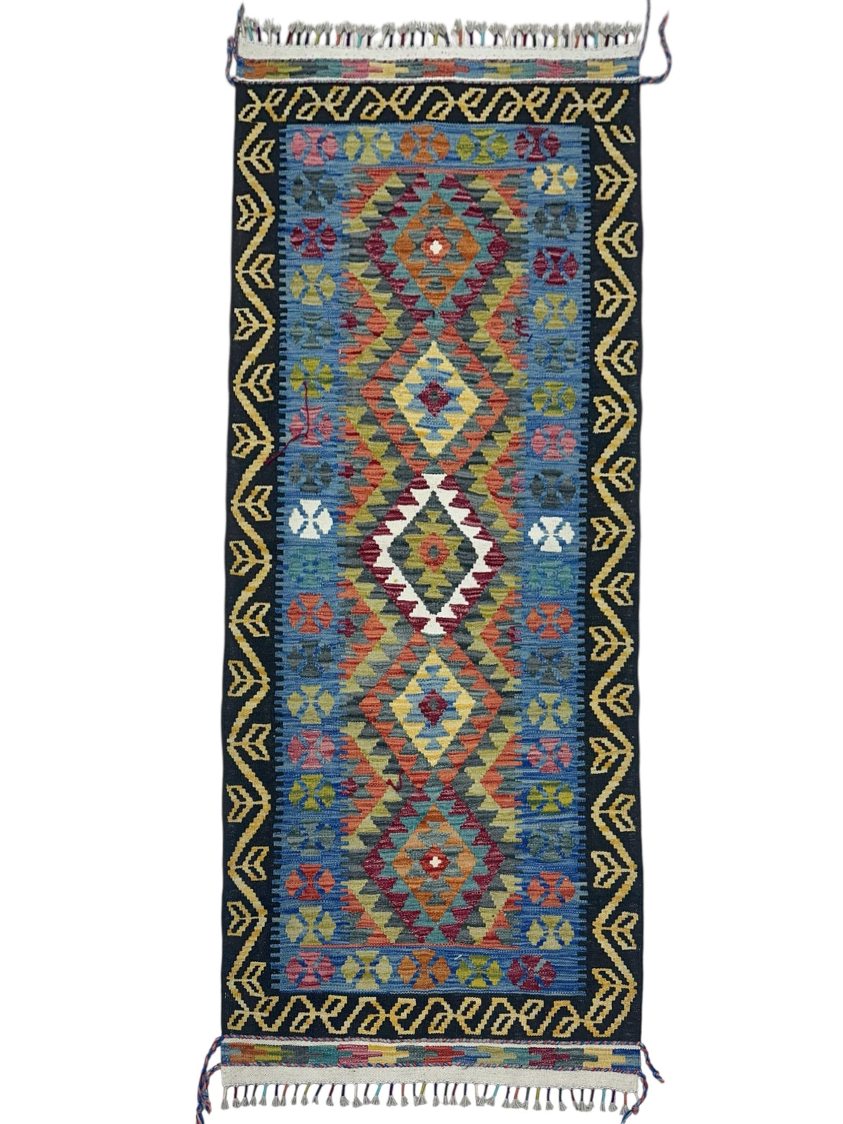 Afghan Kilim Rug 3x6, Blue, Black & Gold, Hand-Woven Wool Flatweave