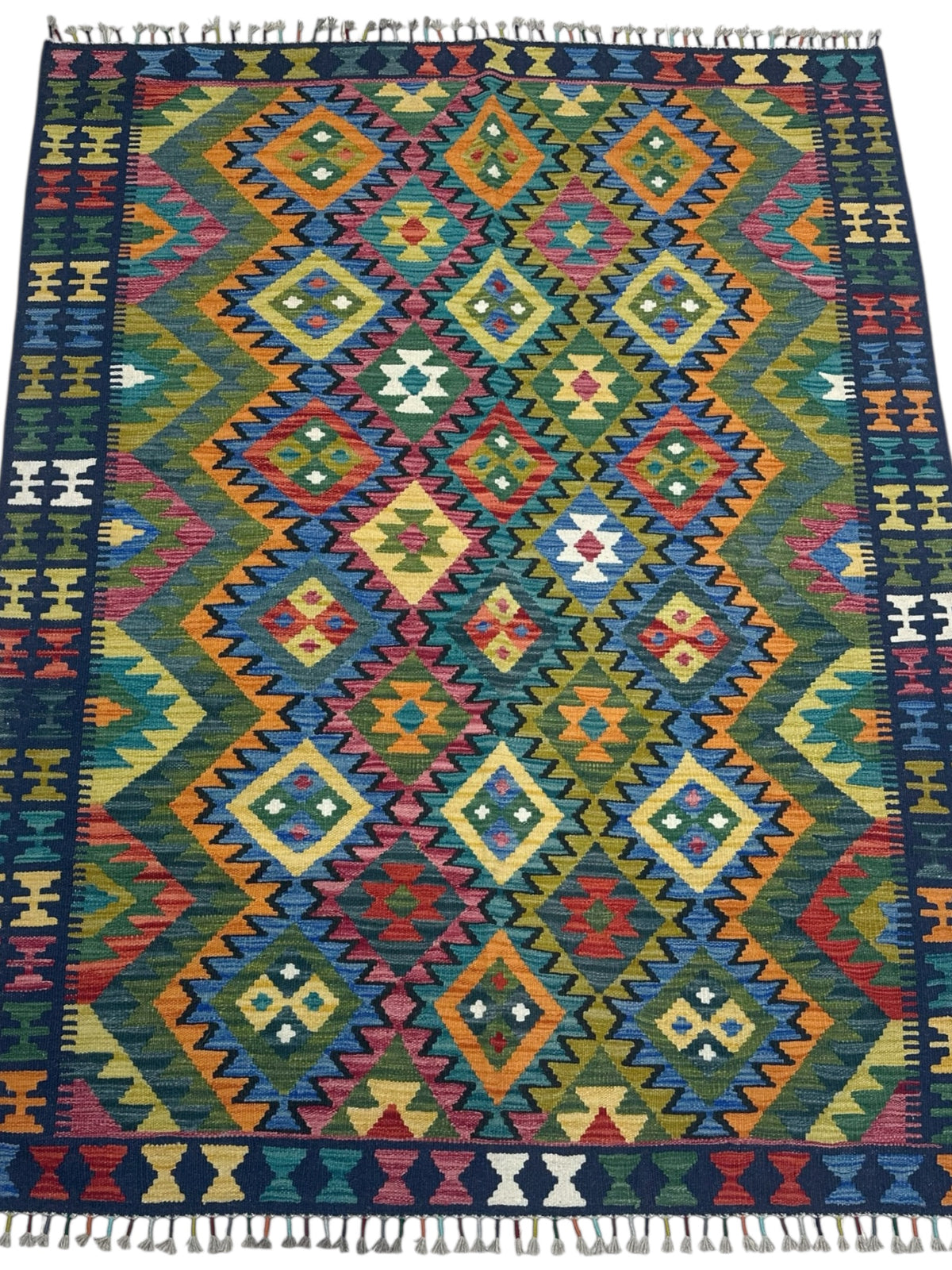 Afghan Kilim Rug 5x7, Green, Olive Green & Navy, Hand-Woven Wool Flatweave, view 2