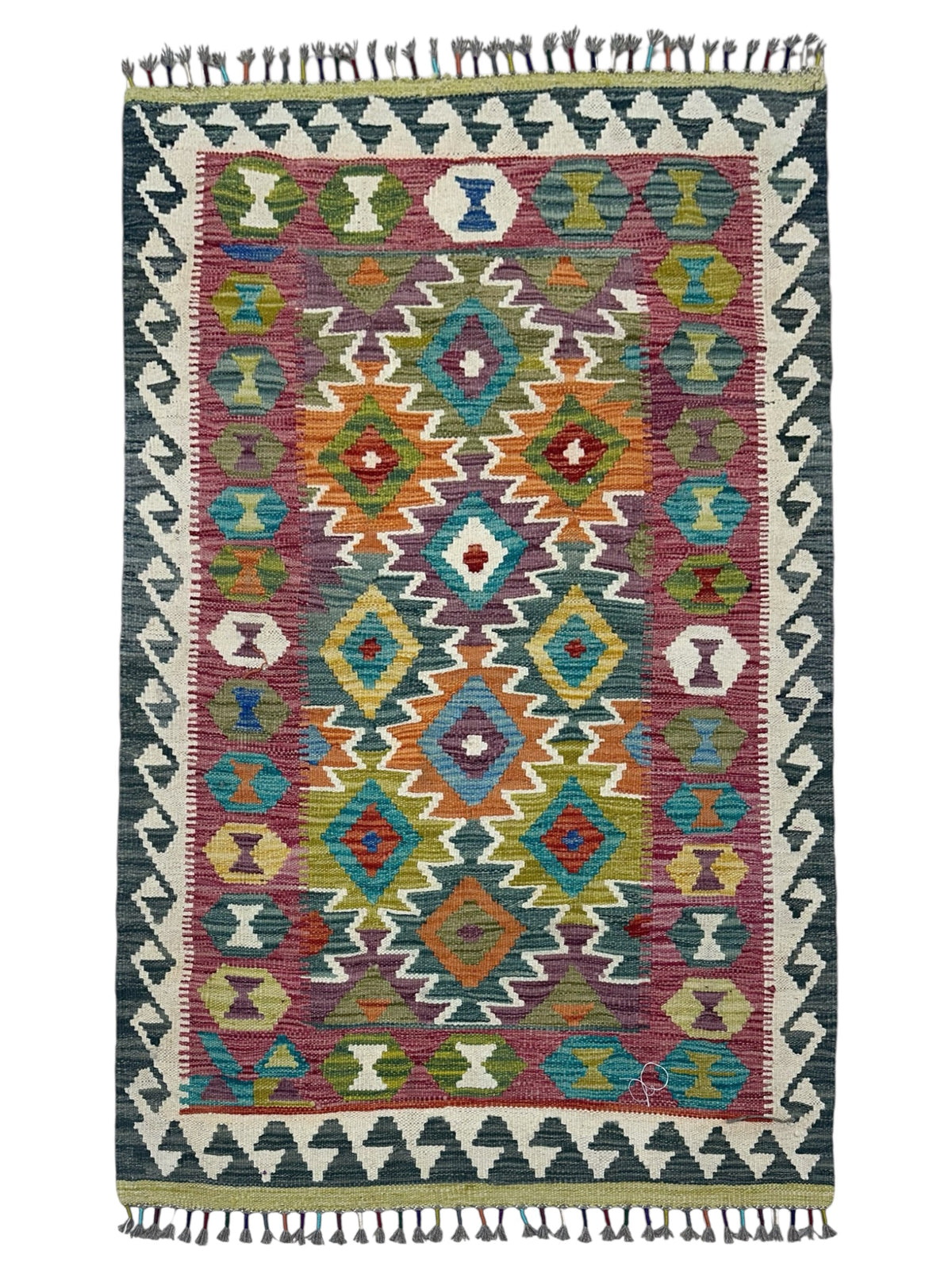 Afghan Kilim Rug 3x5, Pink, Ivory & Black, Hand-Woven Wool Flatweave