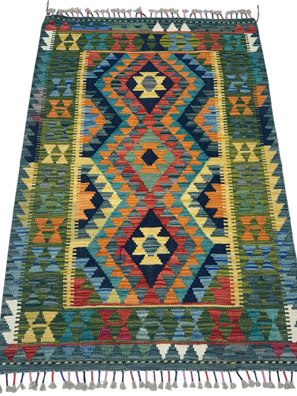 Afghan Kilim Rug 3x5, Teal, Olive Green & Orange, Hand-Woven Wool Flatweave, view 2