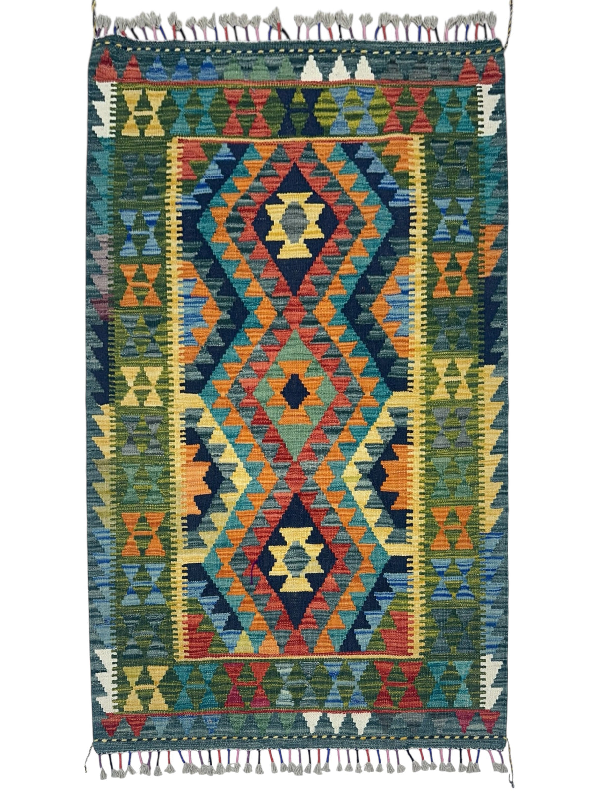 Afghan Kilim Rug 3x5, Teal, Olive Green & Orange, Hand-Woven Wool Flatweave