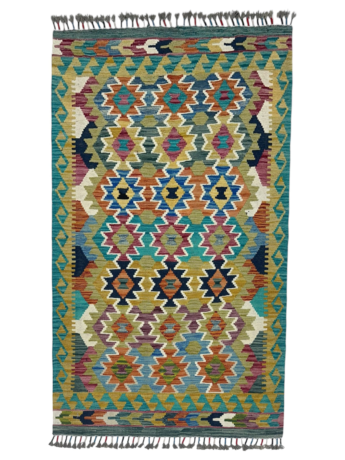 Afghan Kilim Rug 3x5, Olive Green, Teal & Gold, Hand-Woven Wool Flatweave