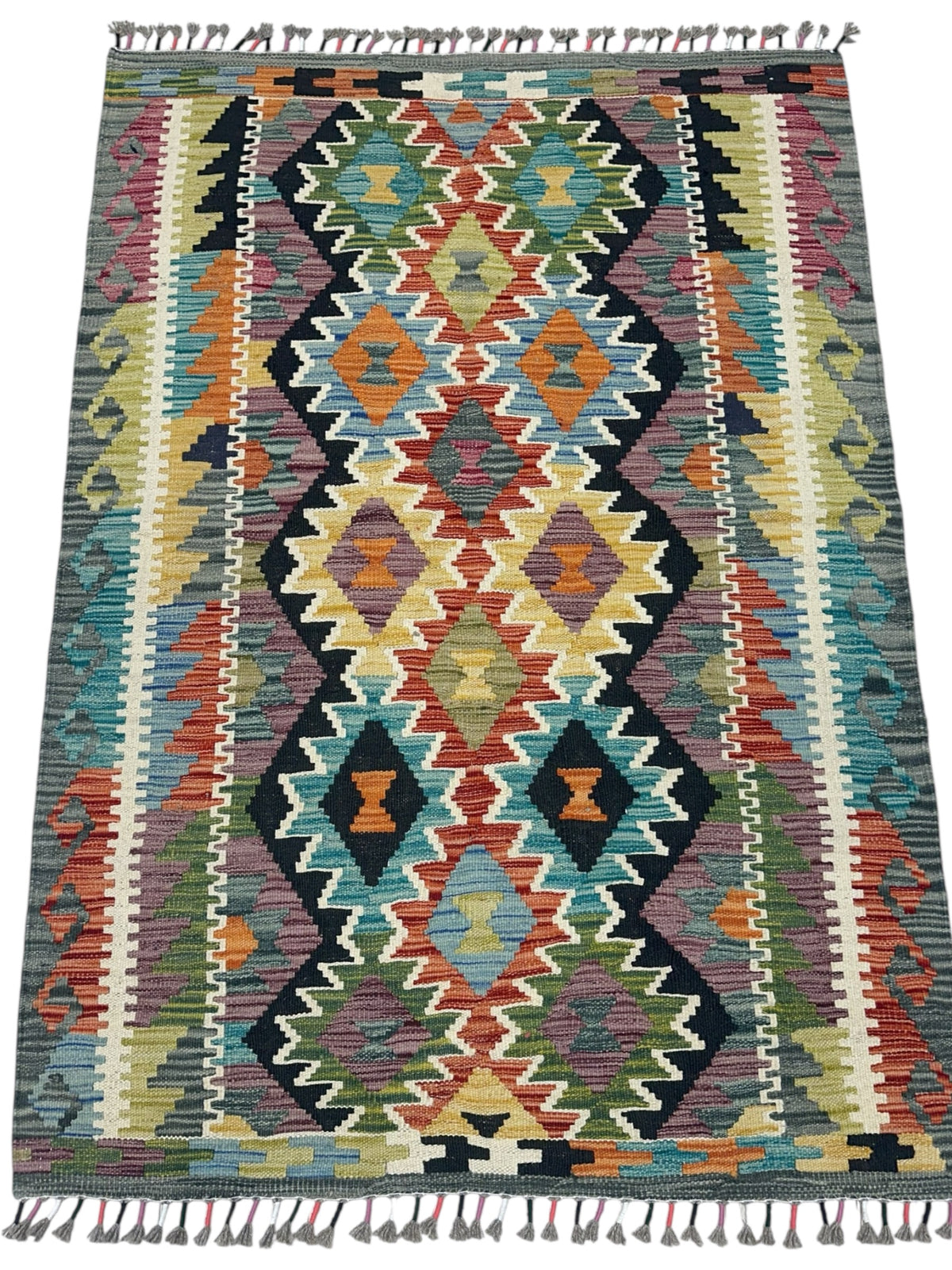 Afghan Kilim Rug 3x5, Gray, Black & Rust, Hand-Woven Wool Flatweave, view 2
