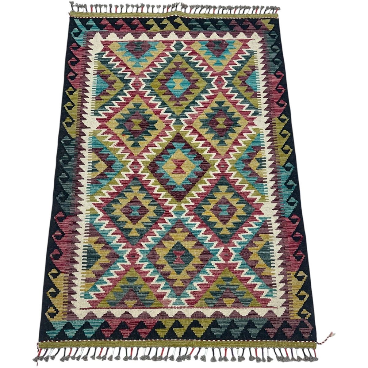 Afghan Kilim Rug 3x5, Black, Pink & Olive Green, Hand-Woven Wool Flatweave, view 2
