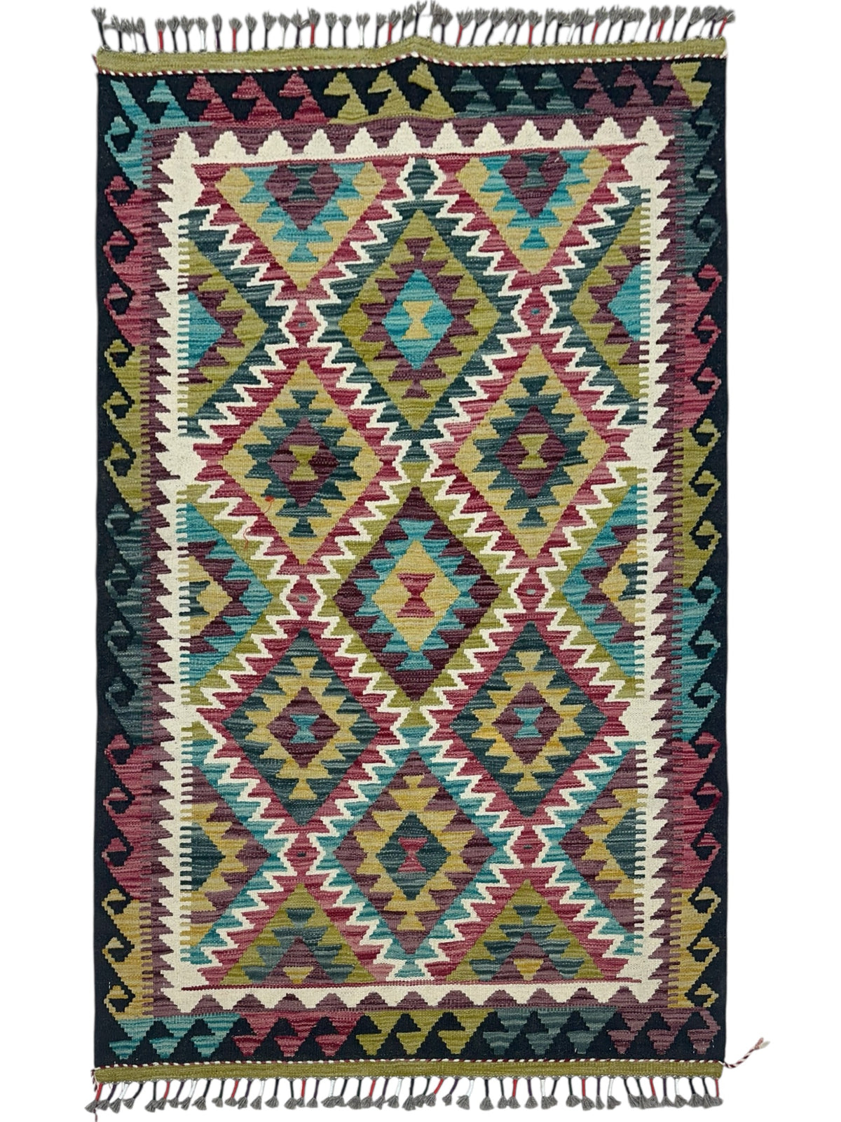 Afghan Kilim Rug 3x5, Black, Pink & Olive Green, Hand-Woven Wool Flatweave
