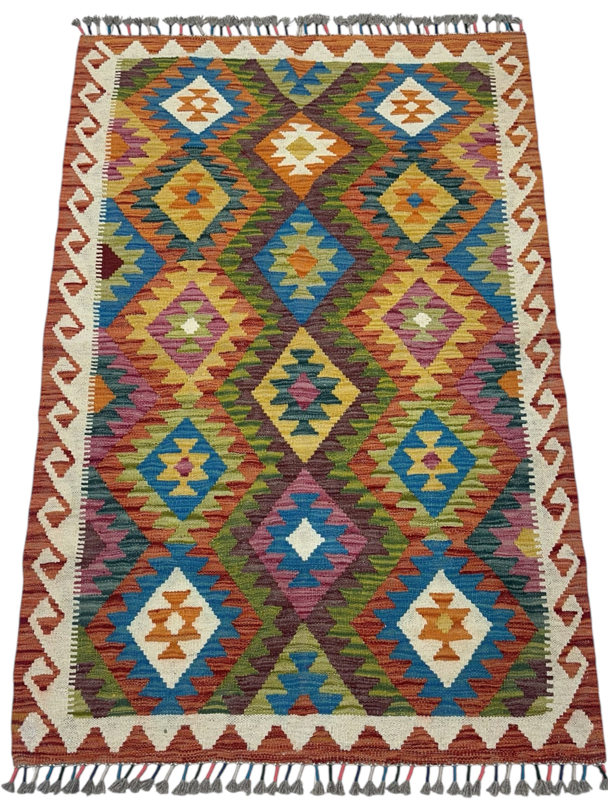Afghan Kilim Rug 3x5, Rust, Olive Green & Orange, Hand-Woven Wool Flatweave, view 2