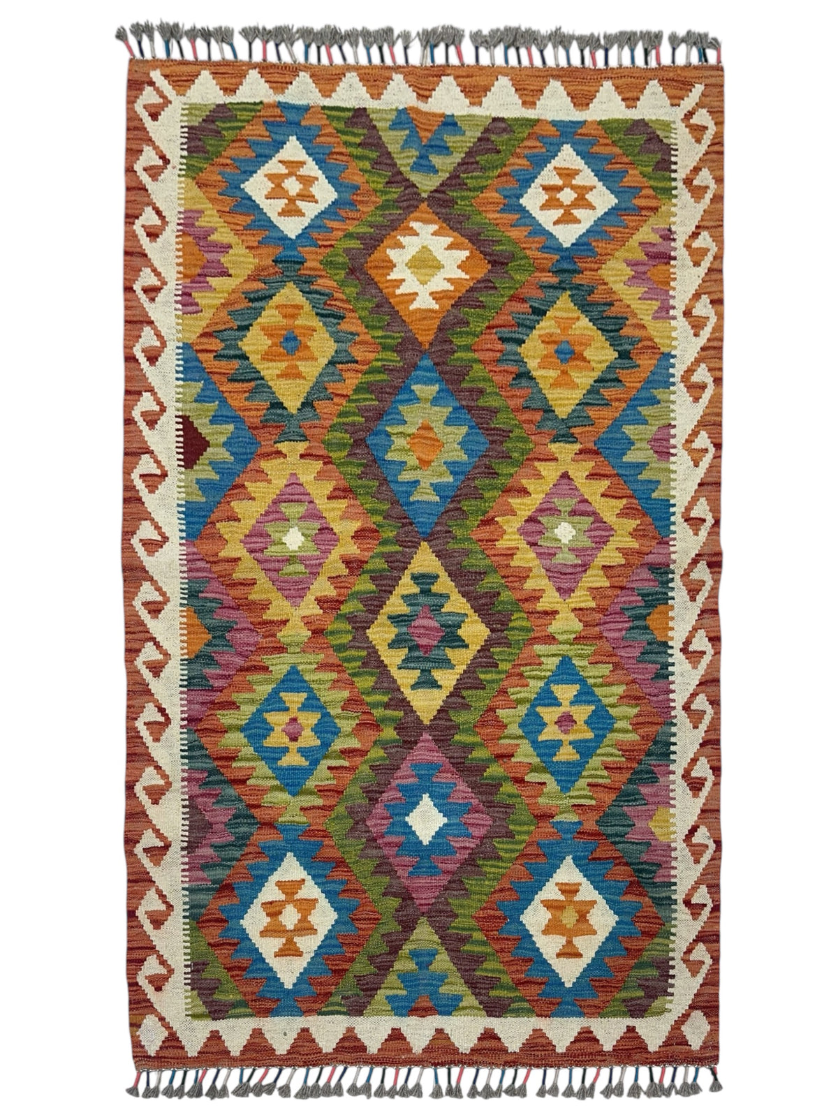 Afghan Kilim Rug 3x5, Rust, Olive Green & Orange, Hand-Woven Wool Flatweave