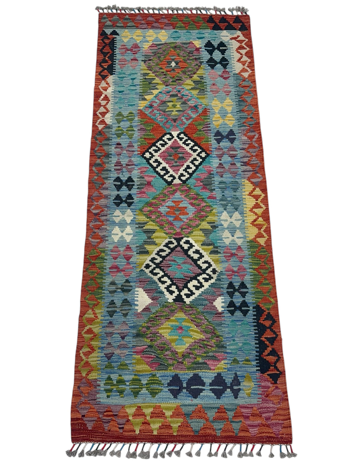 Afghan Kilim Runner 2x6, Rust, Blue & Olive Green, Hand-Woven Wool Flatweave, view 2