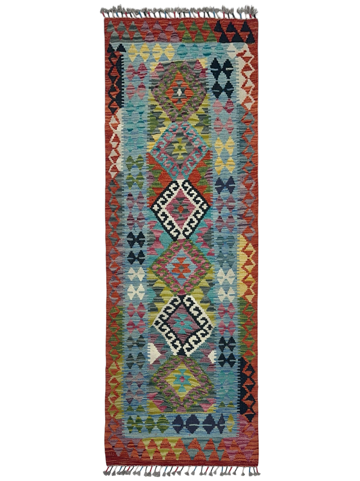 Afghan Kilim Runner 2x6, Rust, Blue & Olive Green, Hand-Woven Wool Flatweave
