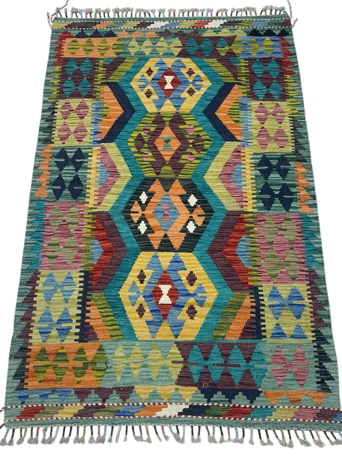 Afghan Kilim Rug 3x5, Teal, Gold & Orange, Hand-Woven Wool Flatweave, view 2