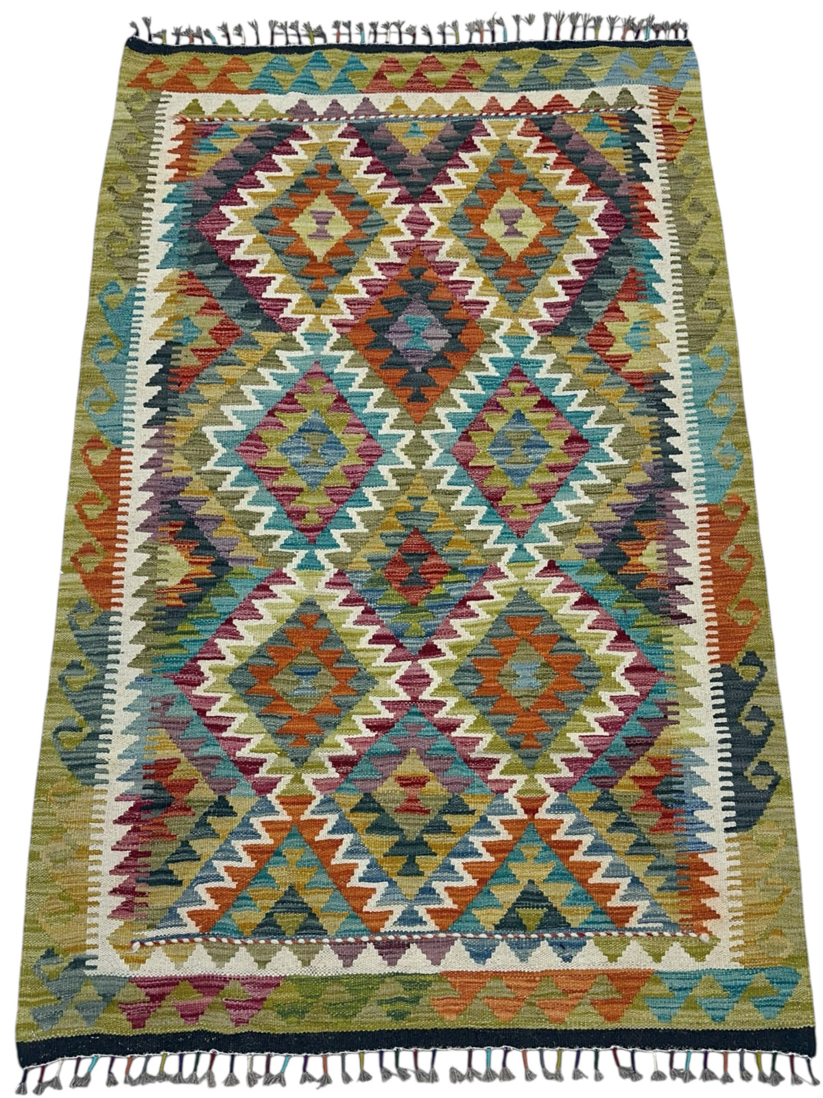 Afghan Kilim Rug 3x5, Olive Green, Rust & Teal, Hand-Woven Wool Flatweave, view 2