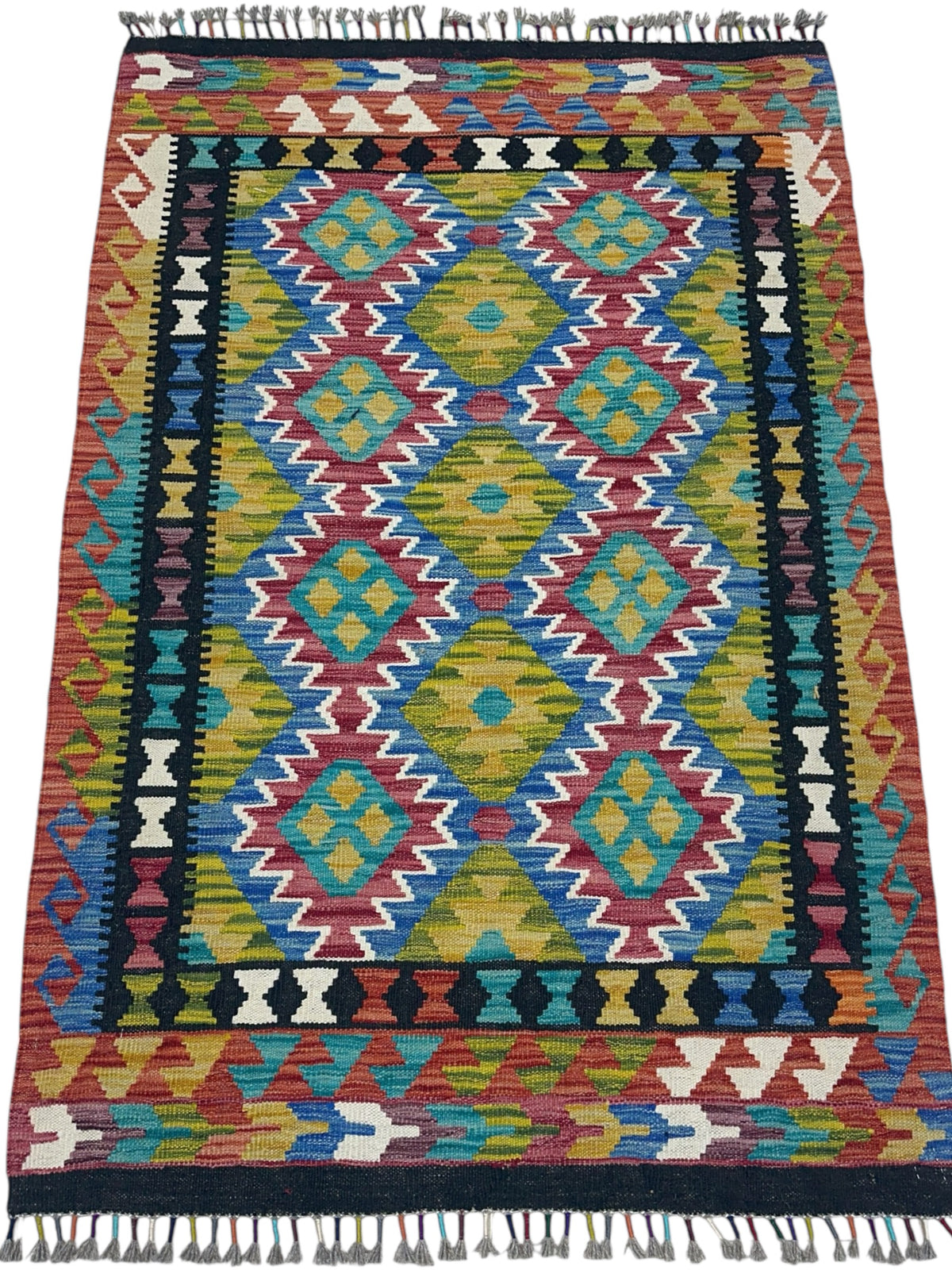Afghan Kilim Rug 3x5, Rust, Olive Green & Blue, Hand-Woven Wool Flatweave, view 2
