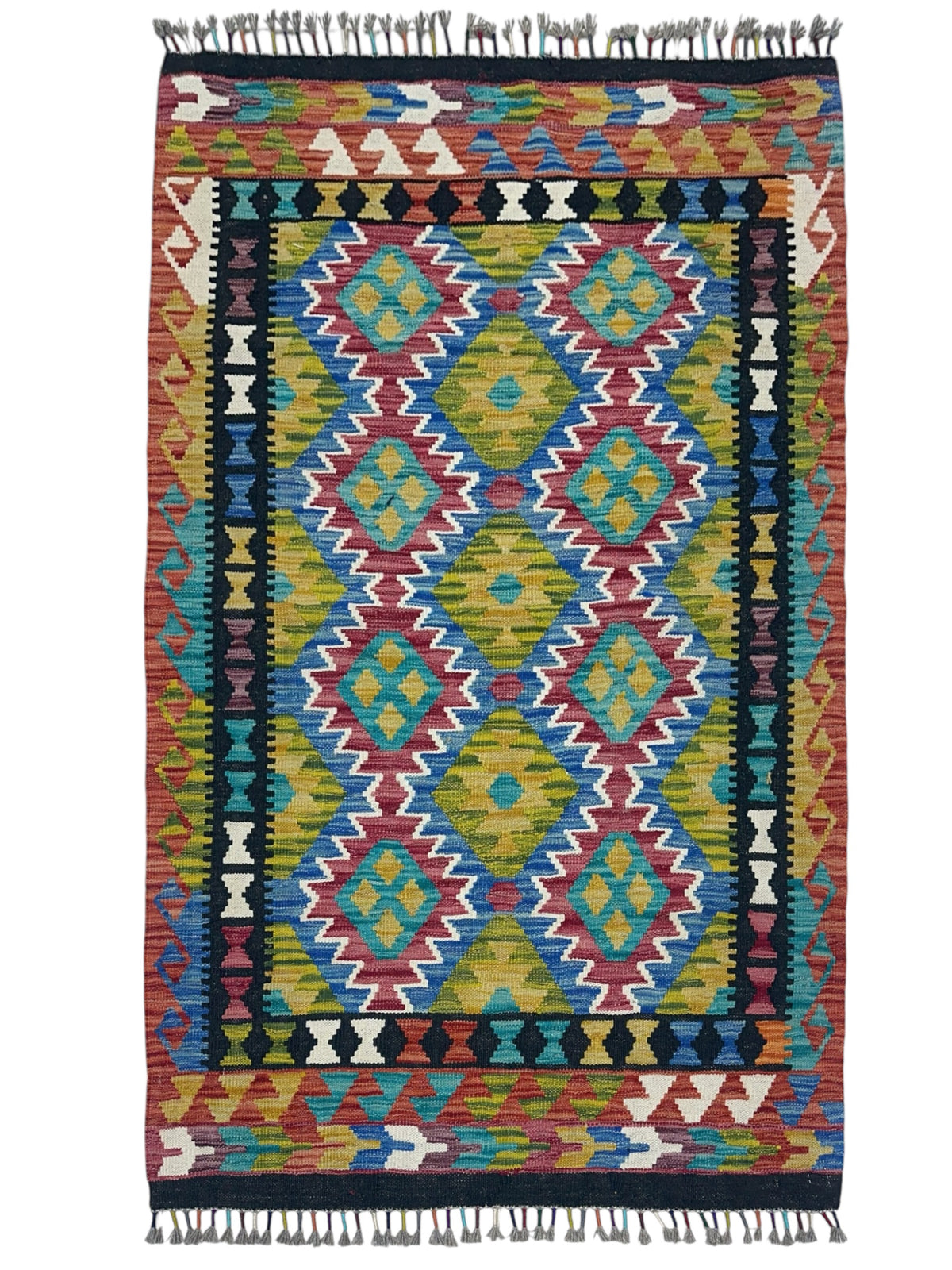 Afghan Kilim Rug 3x5, Rust, Olive Green & Blue, Hand-Woven Wool Flatweave