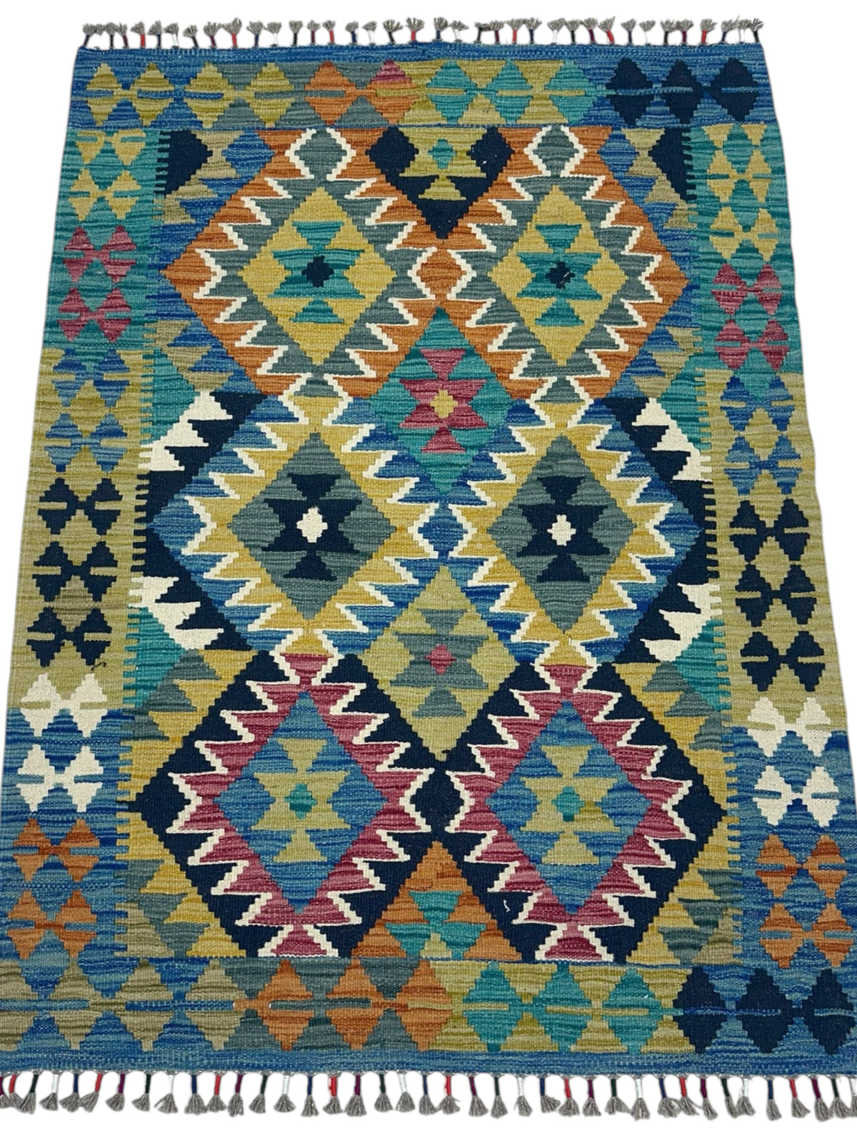Afghan Kilim Rug 3x5, Blue, Olive Green & Gold, Hand-Woven Wool Flatweave, view 2