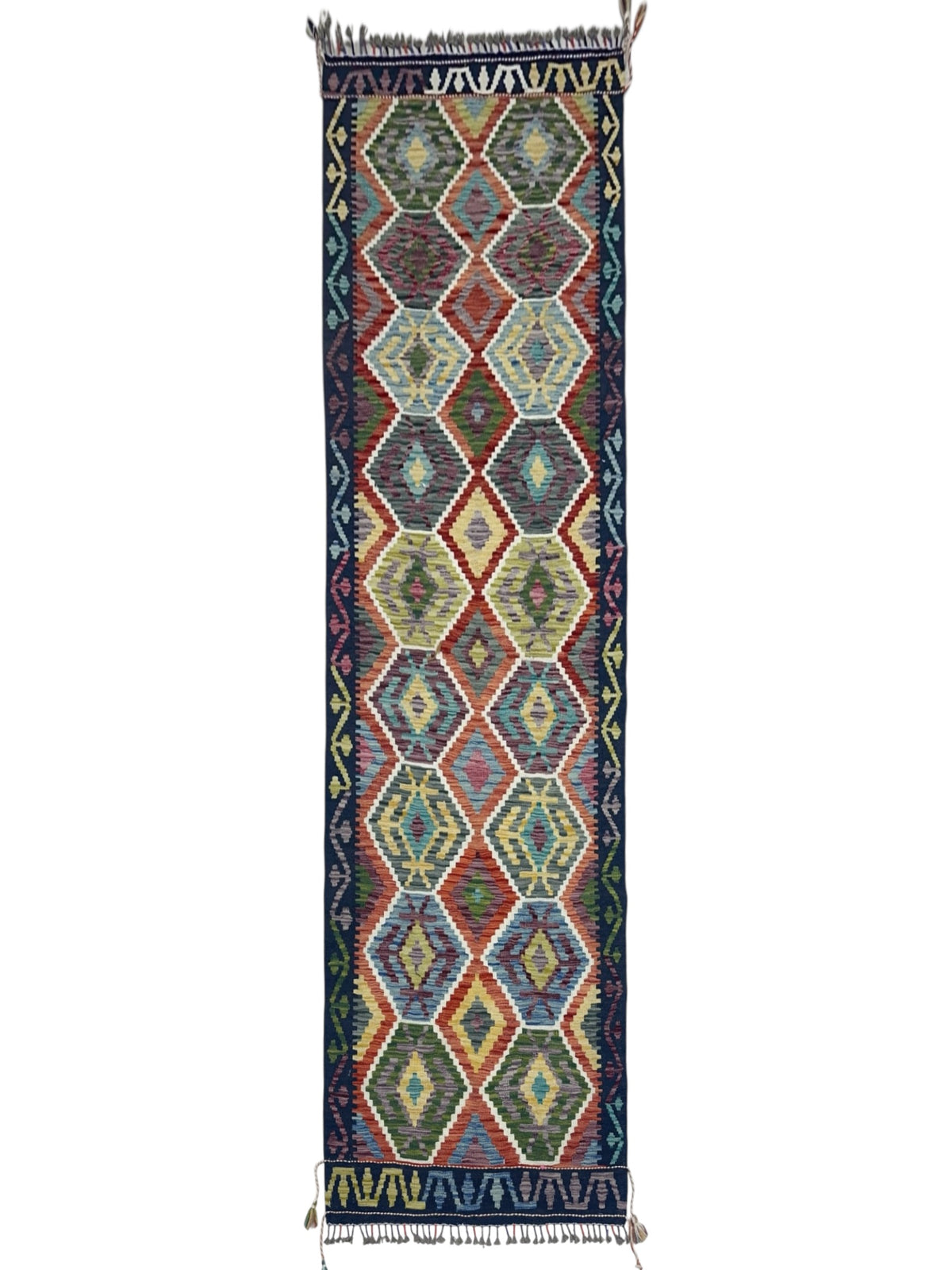 Afghan Kilim Rug 3x5, Navy, Red & Olive Green, Hand-Woven Wool Flatweave
