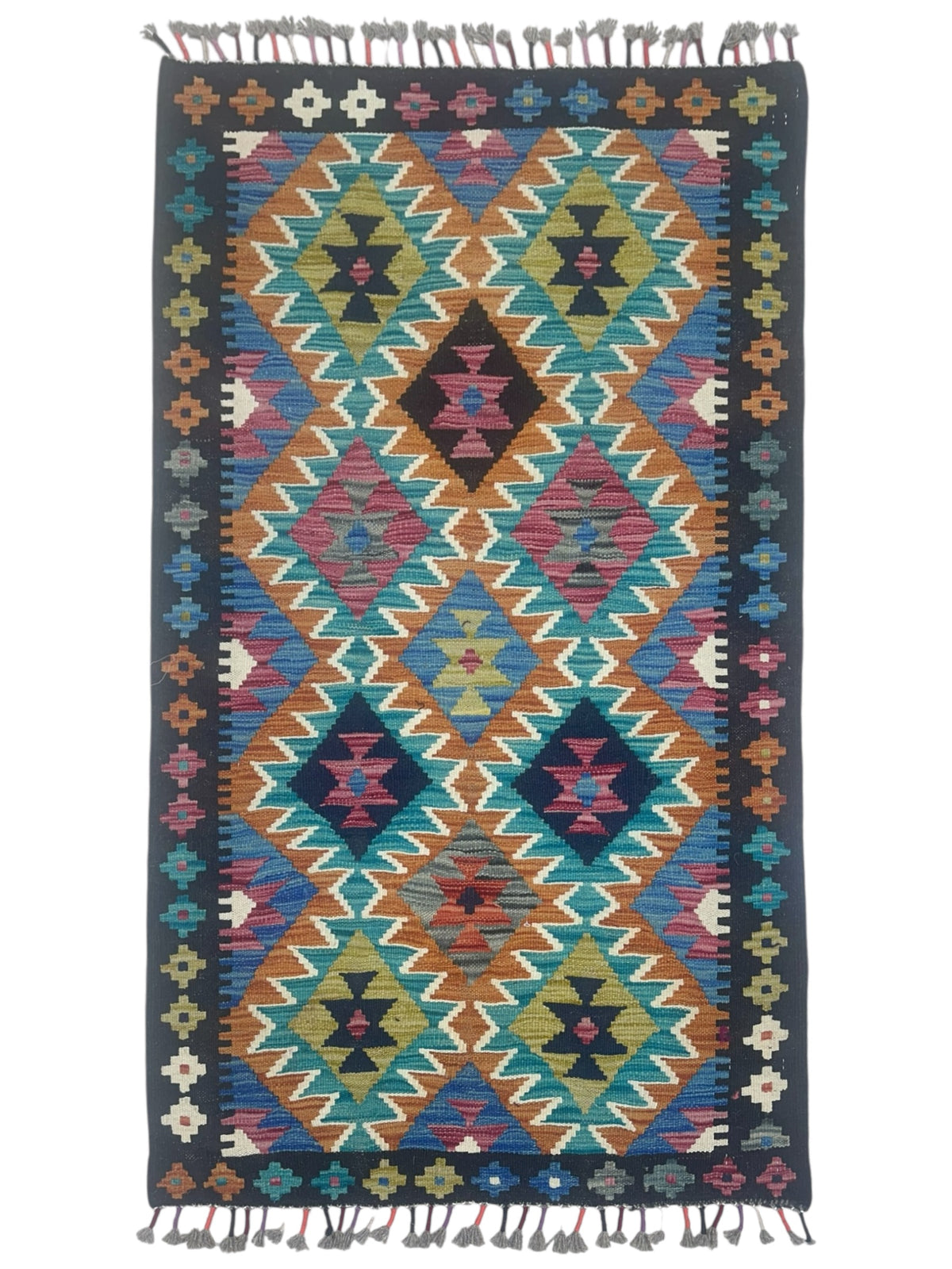 Afghan Kilim Rug 3x4, Orange, Teal & Navy, Hand-Woven Wool Flatweave