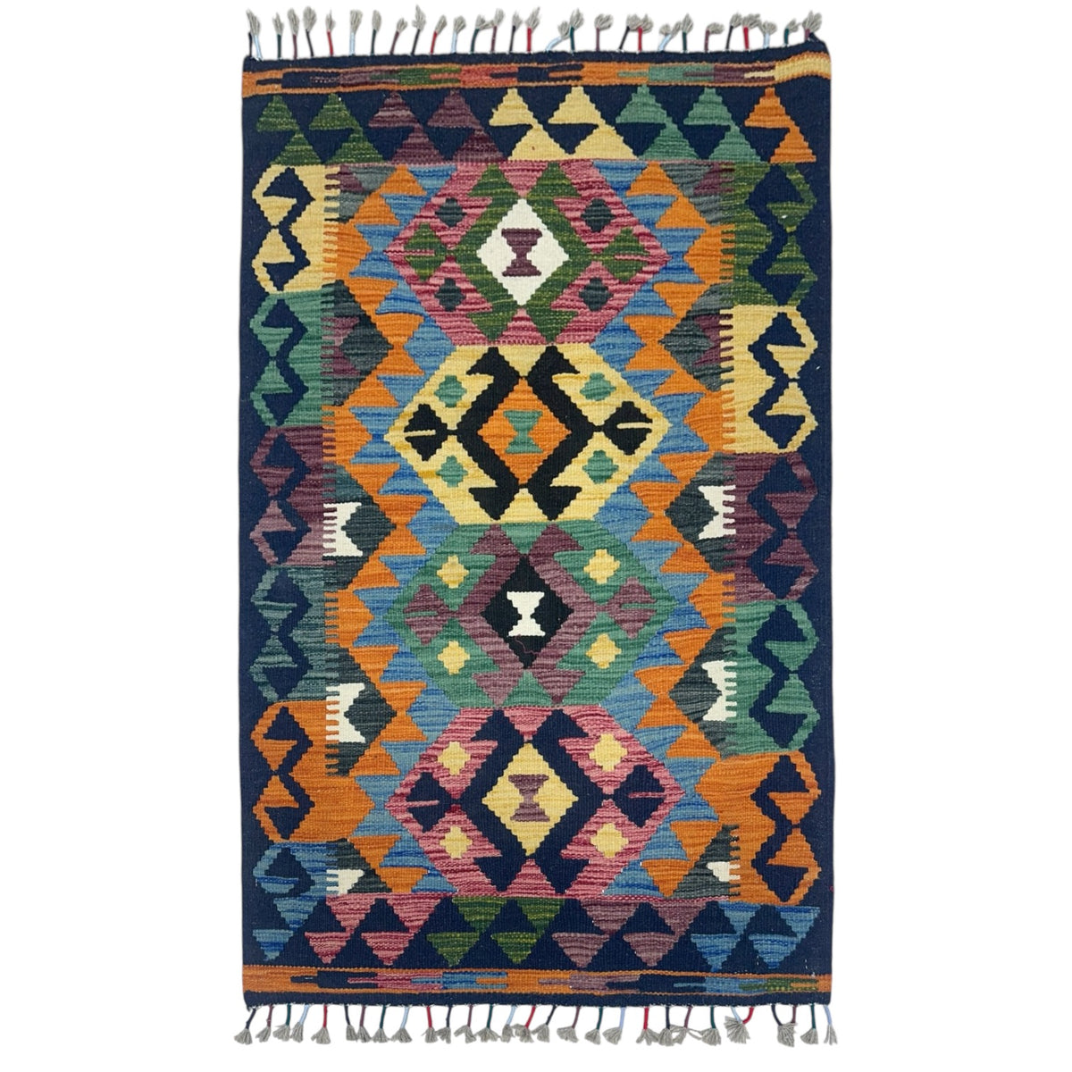Afghan Kilim Rug 3x4, Navy, Orange & Pink, Hand-Woven Wool Flatweave