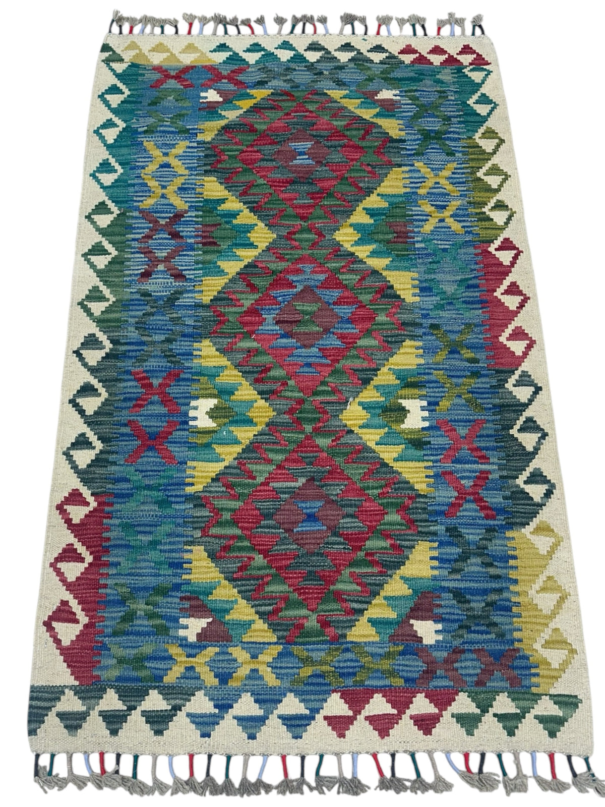 Afghan Kilim Rug 3x4, Blue, Teal & Ivory, Hand-Woven Wool Flatweave, view 2