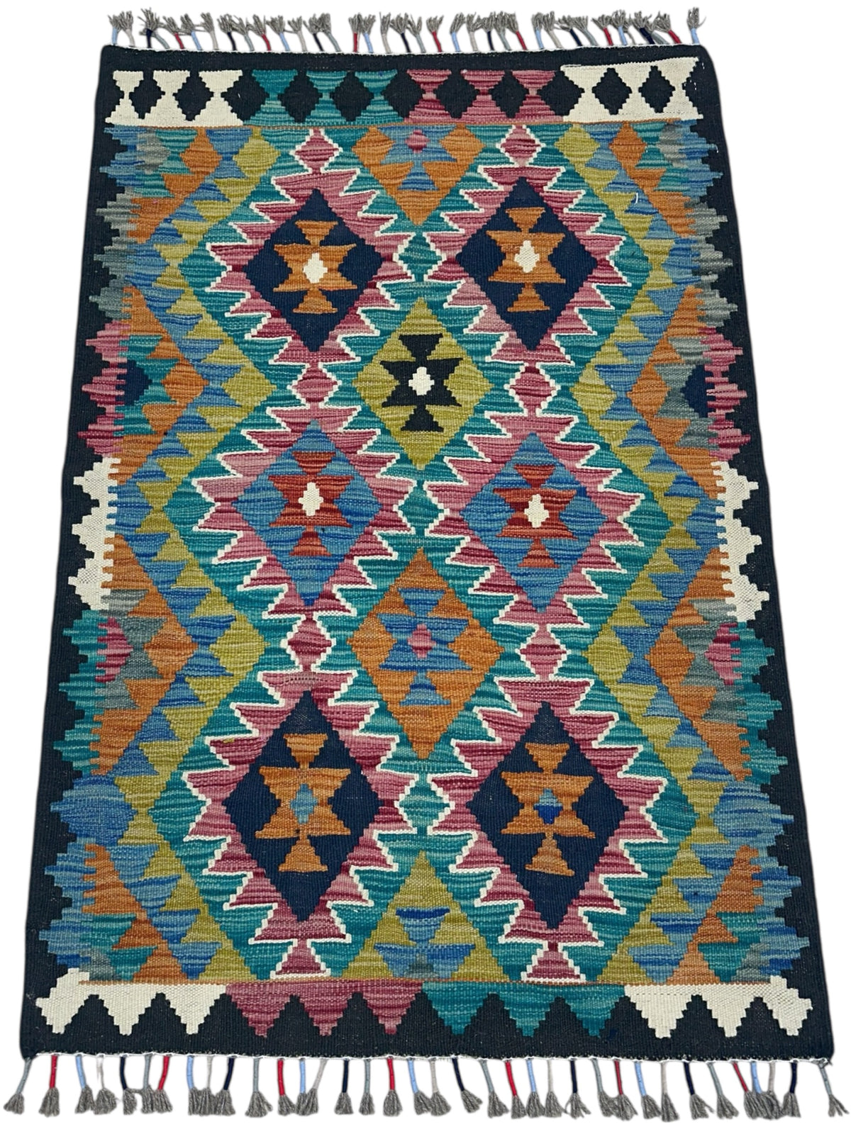 Afghan Kilim Rug 3x4, Teal, Navy & Pink, Hand-Woven Wool Flatweave, view 2