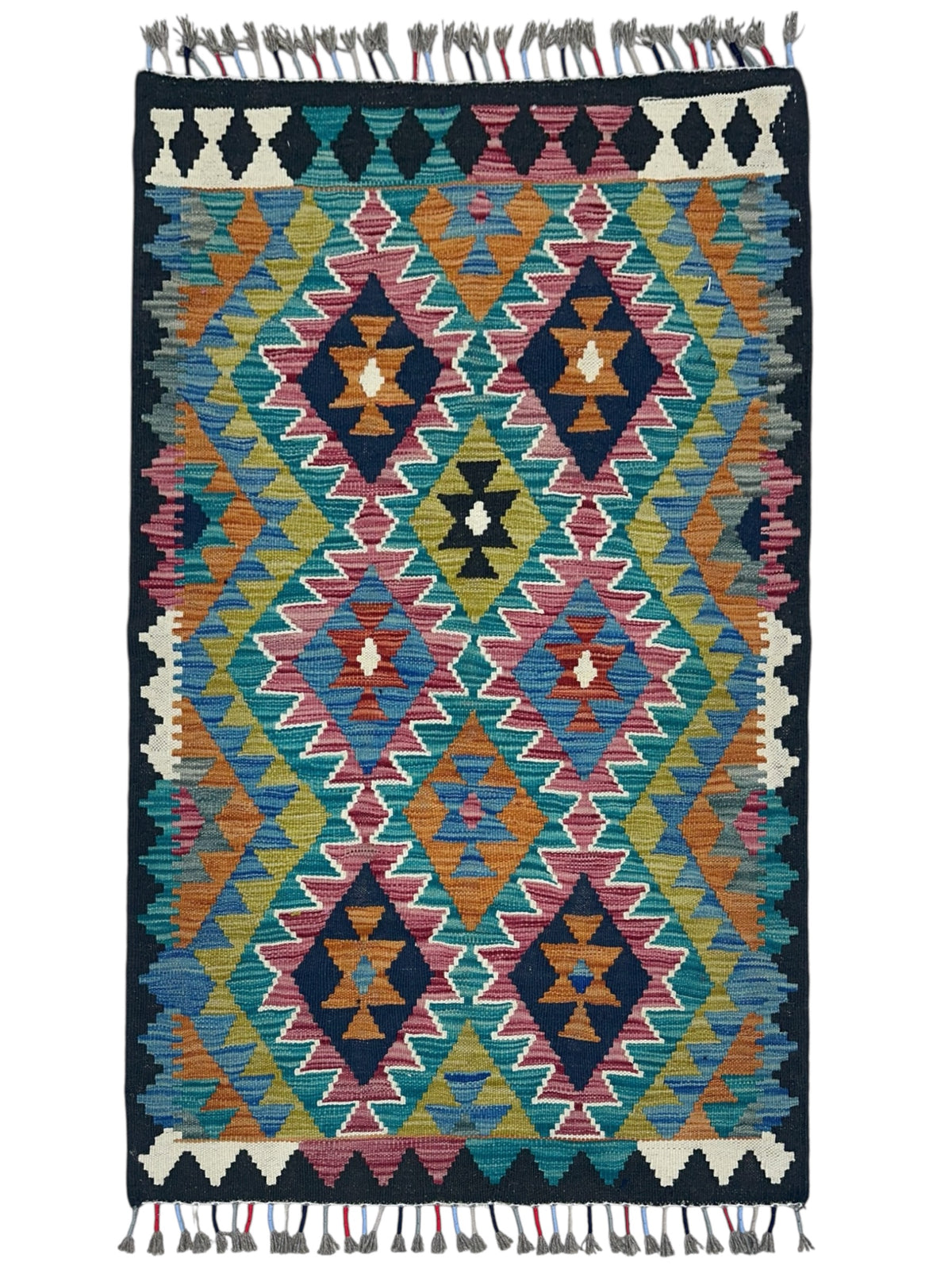 Afghan Kilim Rug 3x4, Teal, Navy & Pink, Hand-Woven Wool Flatweave