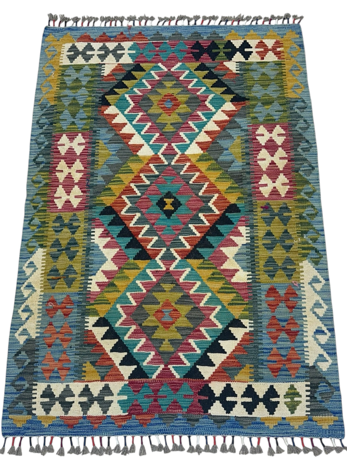 Afghan Kilim Rug 3x5, Blue, Teal & Red, Hand-Woven Wool Flatweave, view 2