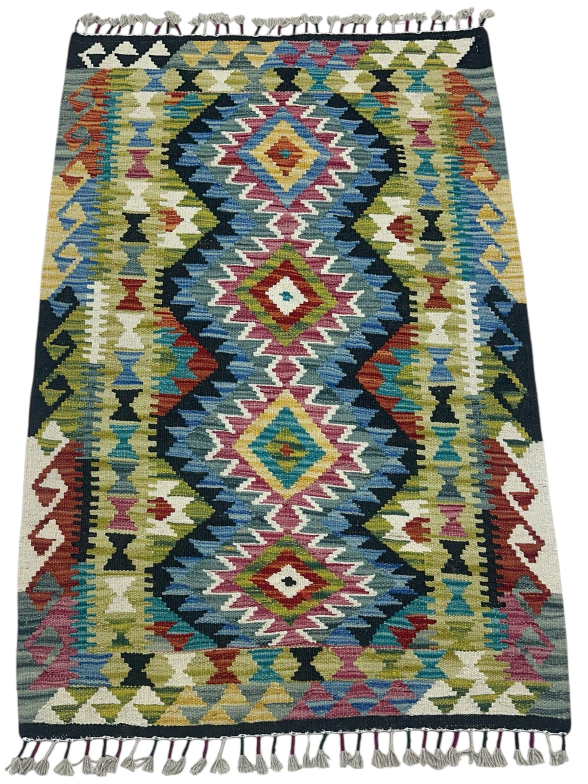 Afghan Kilim Rug 3x4, Blue, Olive Green & Navy, Hand-Woven Wool Flatweave, view 2