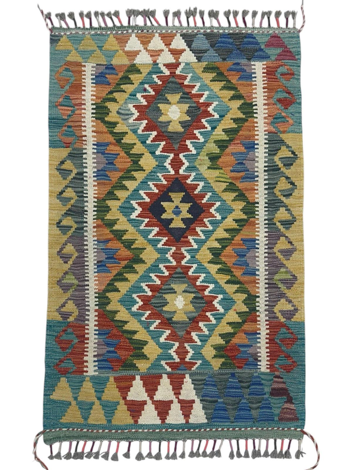 Afghan Kilim Rug 3x4, Gold, Teal & Rust, Hand-Woven Wool Flatweave