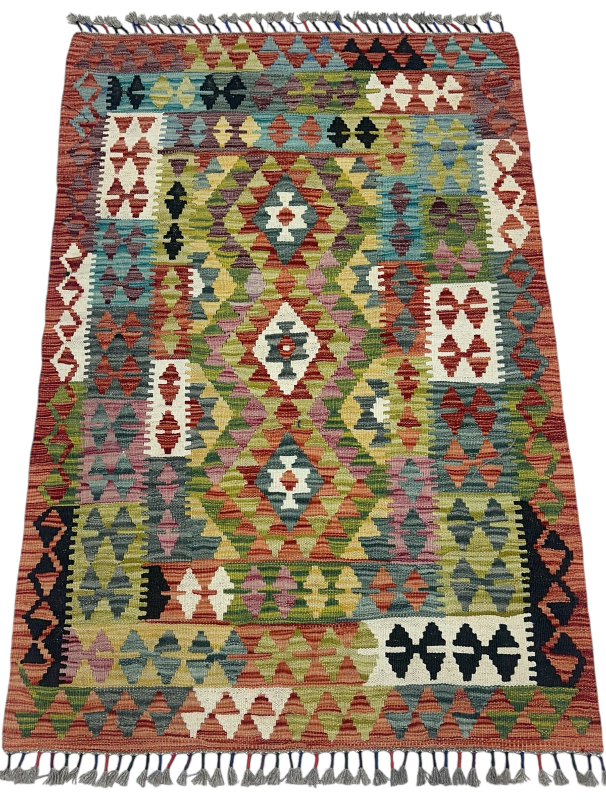 Afghan Kilim Rug 3x5, Rust, Olive Green & Ivory, Hand-Woven Wool Flatweave, view 2