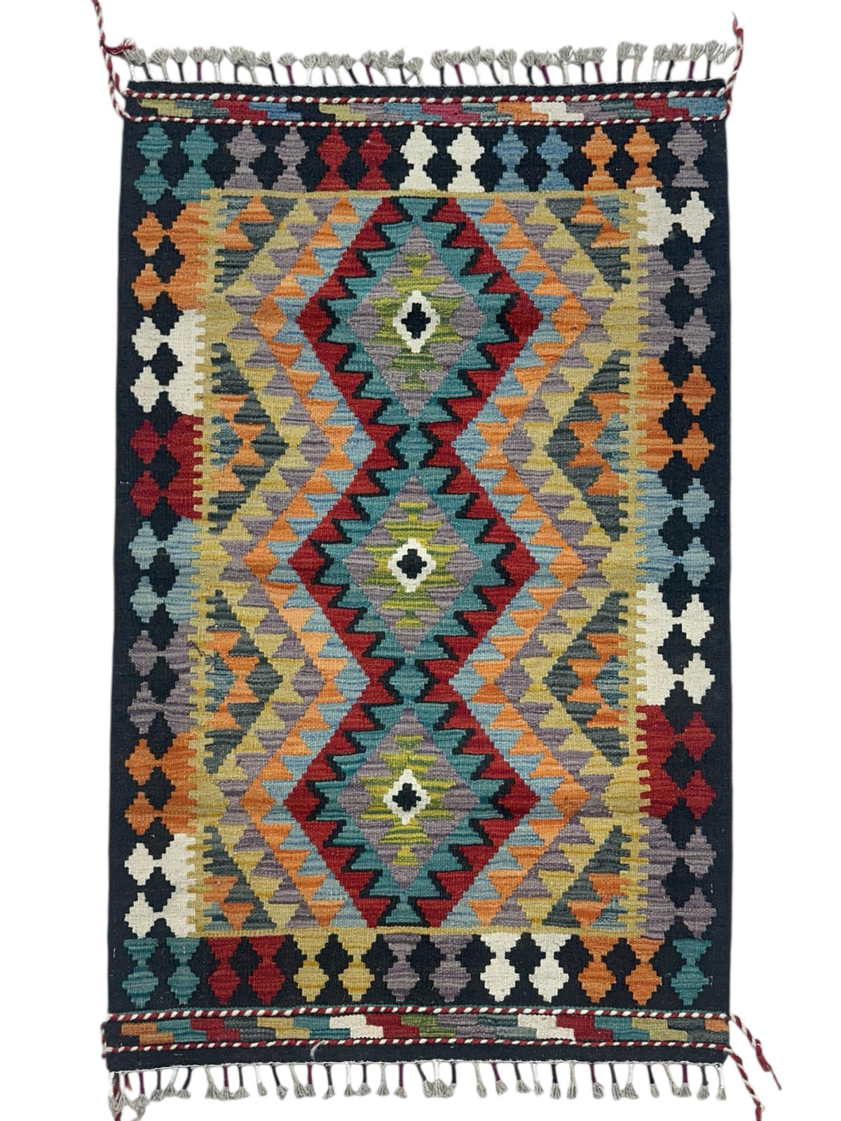 Afghan Kilim Rug 3x4, Black, Gold & Red, Hand-Woven Wool Flatweave