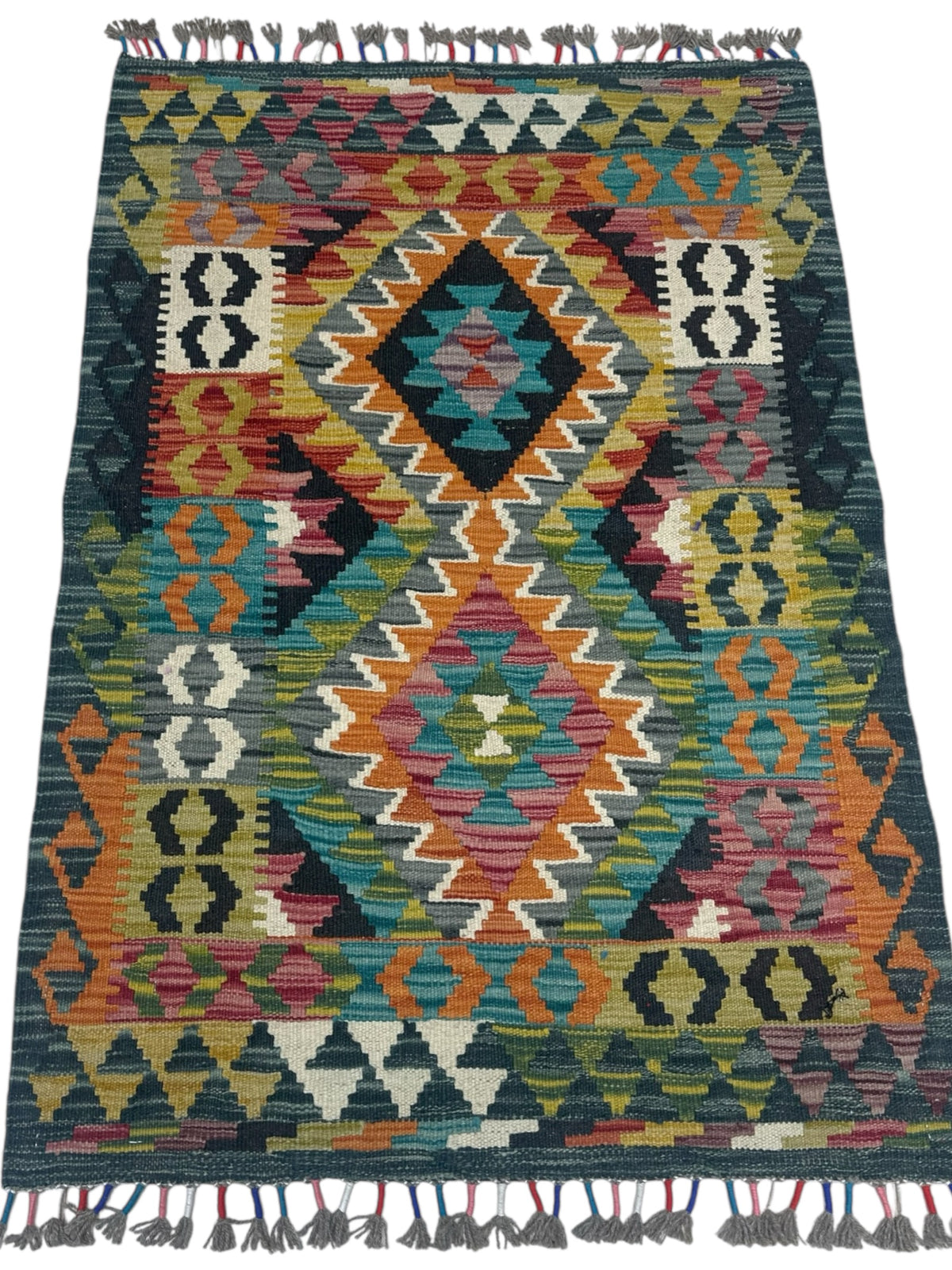Afghan Kilim Rug 2x4, Teal, Orange & Olive Green, Hand-Woven Wool Flatweave, view 2
