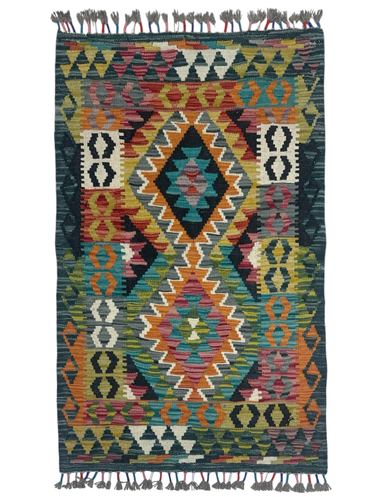 Afghan Kilim Rug 2x4, Teal, Orange & Olive Green, Hand-Woven Wool Flatweave
