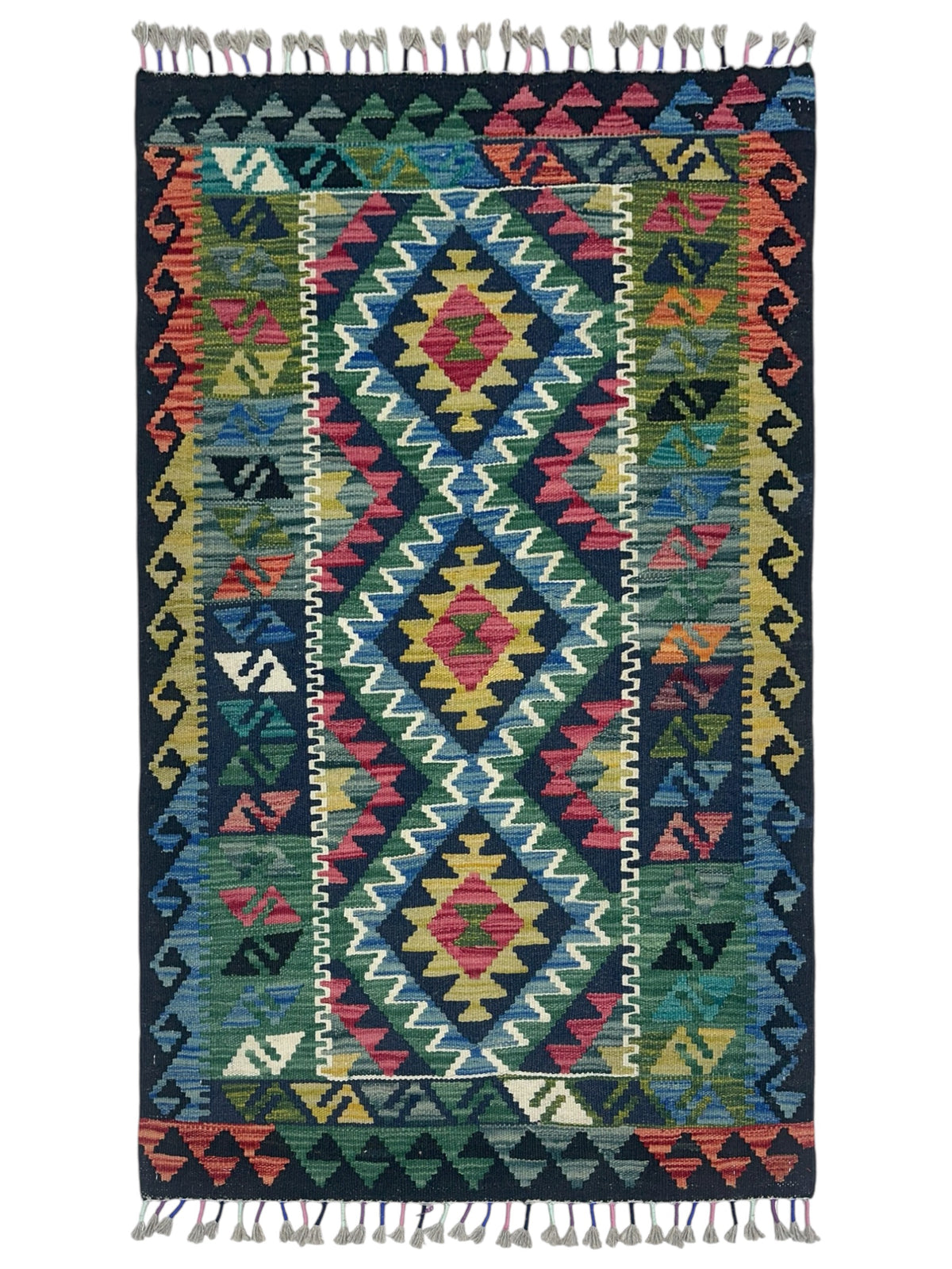 Afghan Kilim Rug 2x4, Black, Green & Blue, Hand-Woven Wool Flatweave