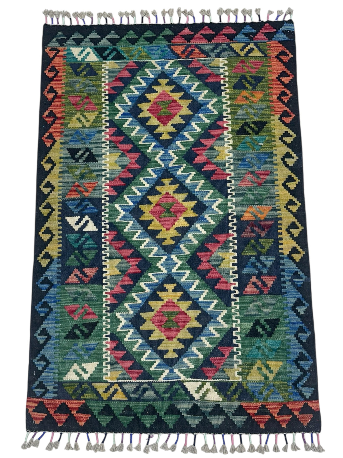 Afghan Kilim Rug 2x4, Black, Green & Blue, Hand-Woven Wool Flatweave, view 2